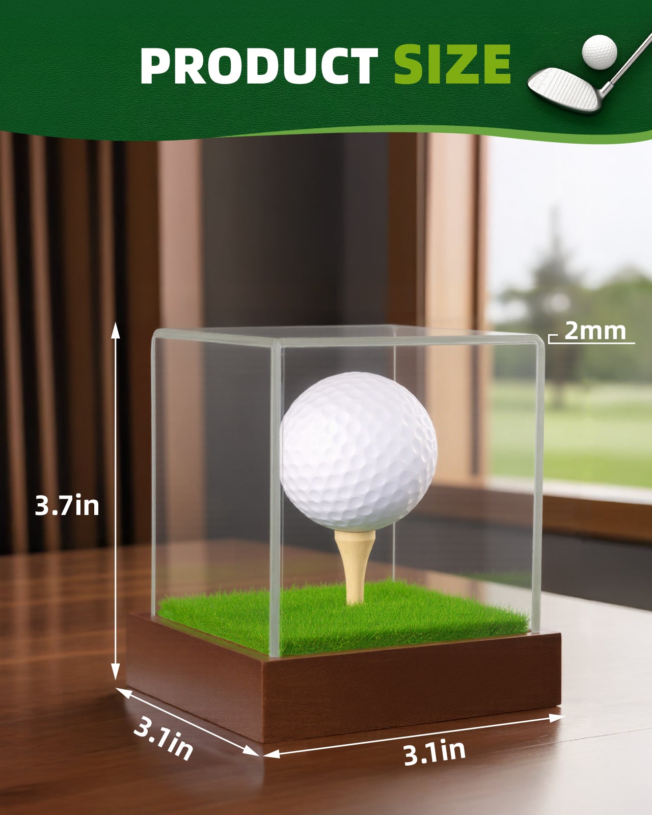 Fitense Golf Ball Display Case - Clear Acrylic Cube with Solid Wood Base & Tee, Anti-Dust Transparent Holder for Single Golf Ball, Ideal for Collectibles, Souvenirs & Gifts, Display Special Golf Balls