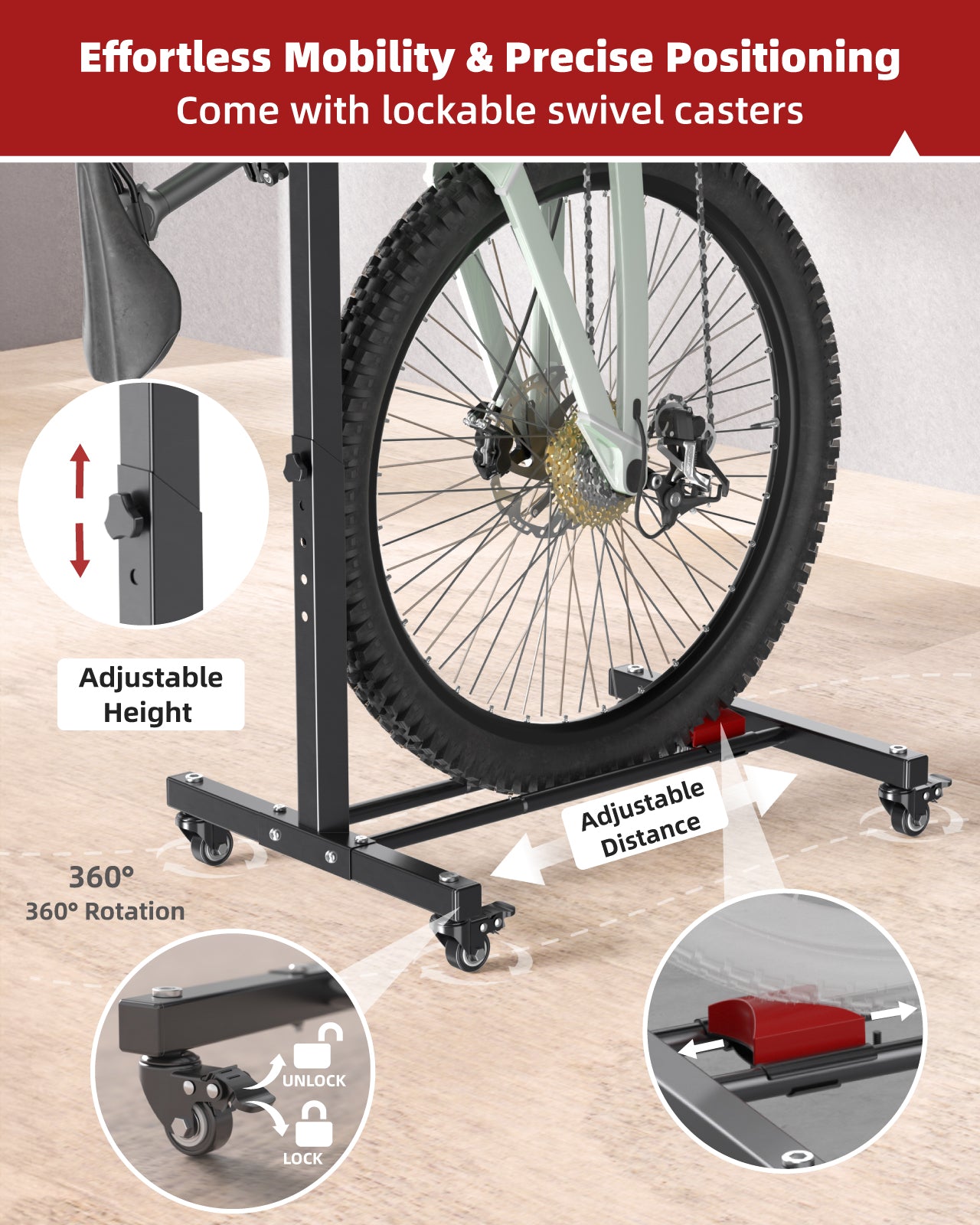 Fitense Bike Rack, Vertical Bike Stand with Swivel Casters, Horizontal Adjustable Height Bicycle Stand for Apartment, Bike Holder for Road, MTB & Hybrid Bikes - 2.5" Tire Width, Wheels Sizes up to 27”