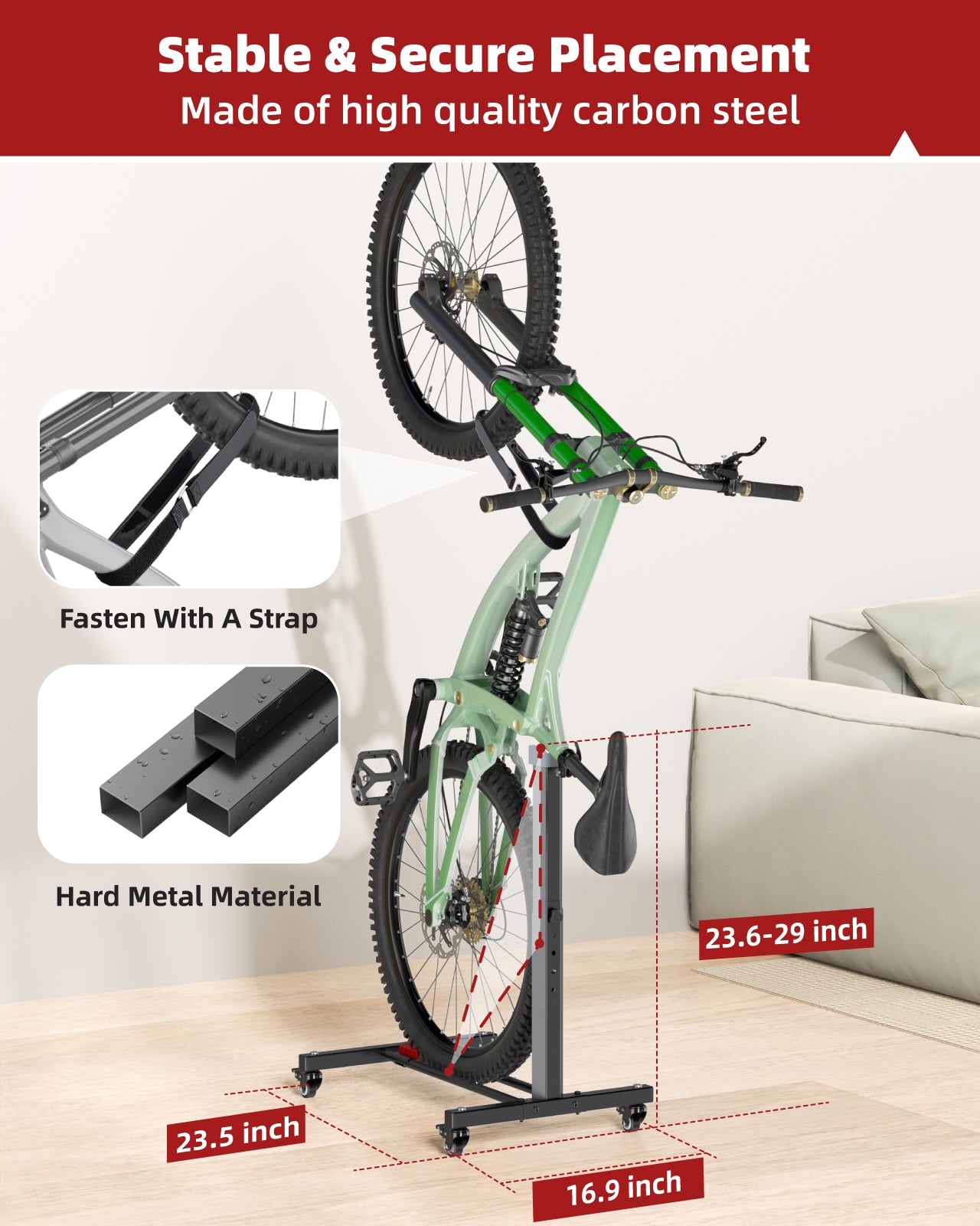 Fitense Bike Rack, Vertical Bike Stand with Swivel Casters, Horizontal Adjustable Height Bicycle Stand for Apartment, Bike Holder for Road, MTB & Hybrid Bikes - 2.5" Tire Width, Wheels Sizes up to 27”