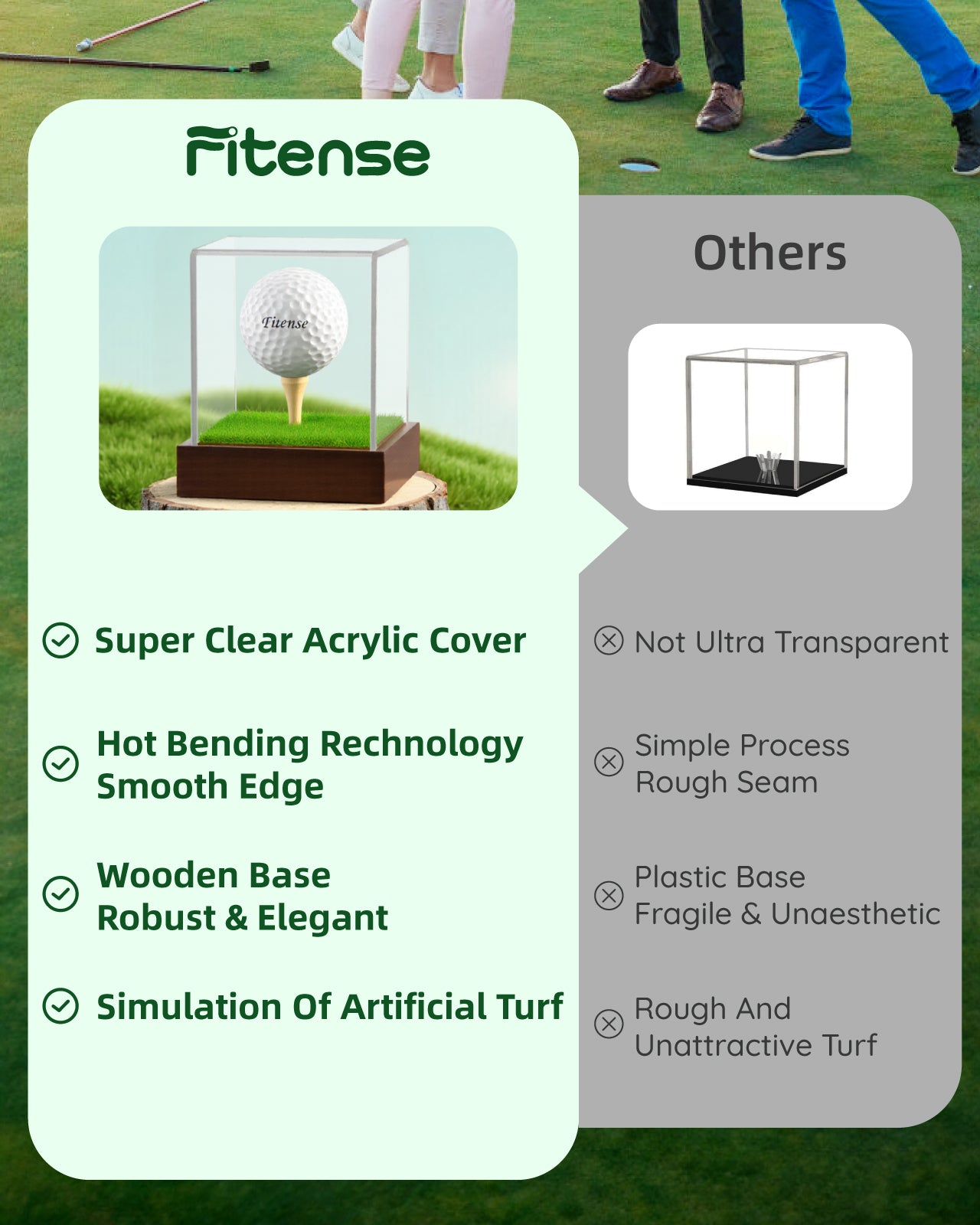 Fitense Golf Ball Display Case - Clear Acrylic Cube with Solid Wood Base & Tee, Anti-Dust Transparent Holder for Single Golf Ball, Ideal for Collectibles, Souvenirs & Gifts, Display Special Golf Balls