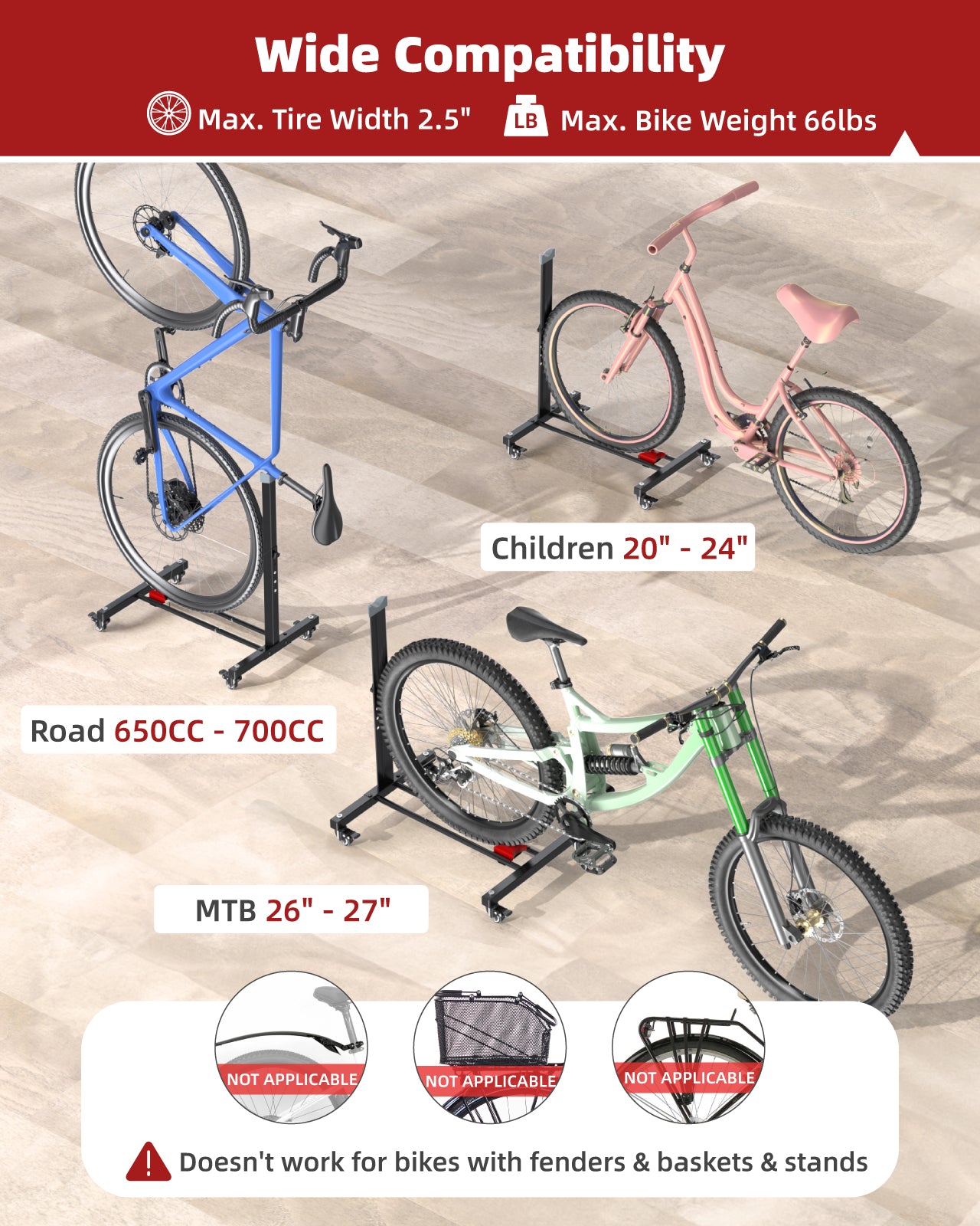 Fitense Bike Rack, Vertical Bike Stand with Swivel Casters, Horizontal Adjustable Height Bicycle Stand for Apartment, Bike Holder for Road, MTB & Hybrid Bikes - 2.5" Tire Width, Wheels Sizes up to 27”