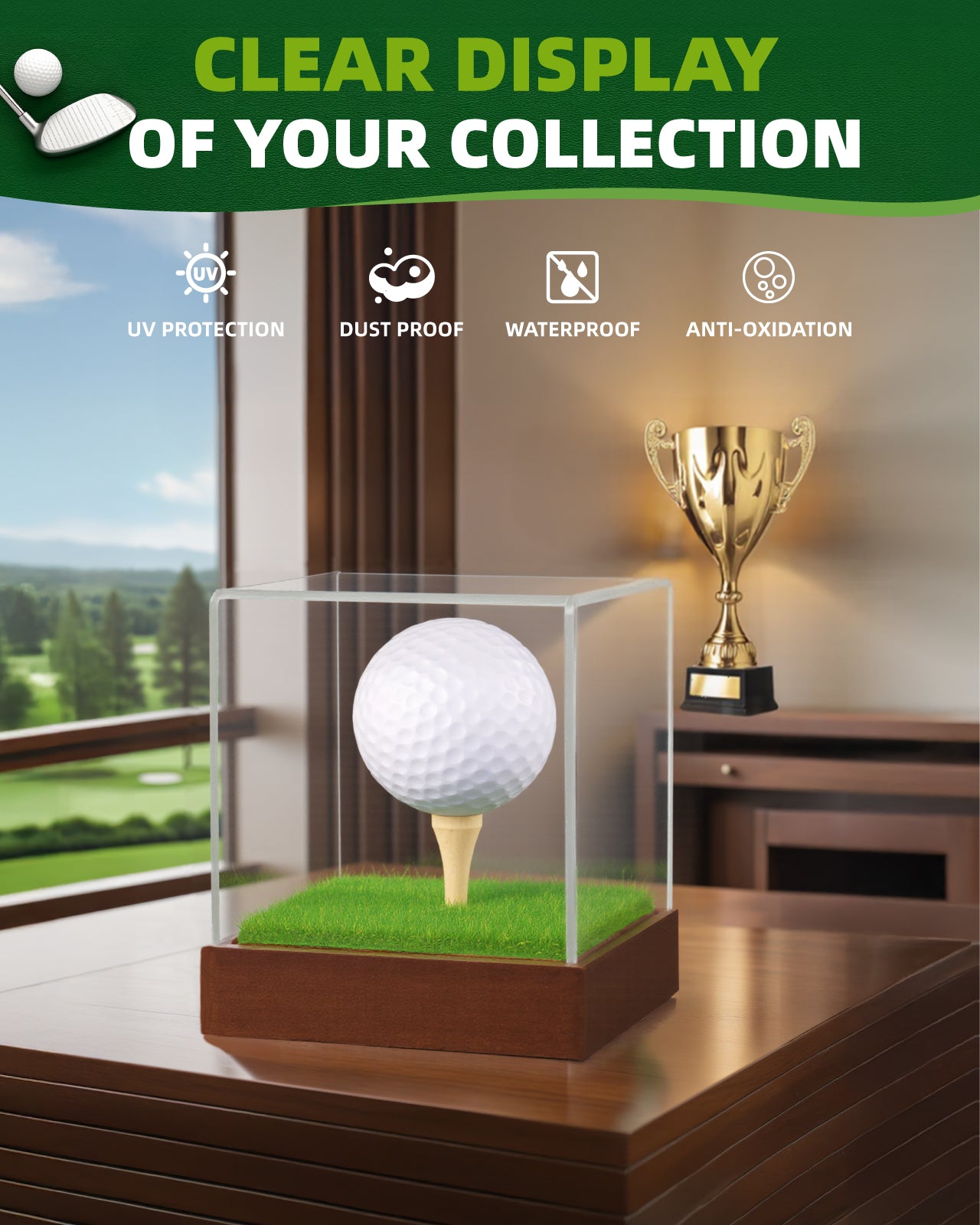 Fitense Golf Ball Display Case - Clear Acrylic Cube with Solid Wood Base & Tee, Anti-Dust Transparent Holder for Single Golf Ball, Ideal for Collectibles, Souvenirs & Gifts, Display Special Golf Balls