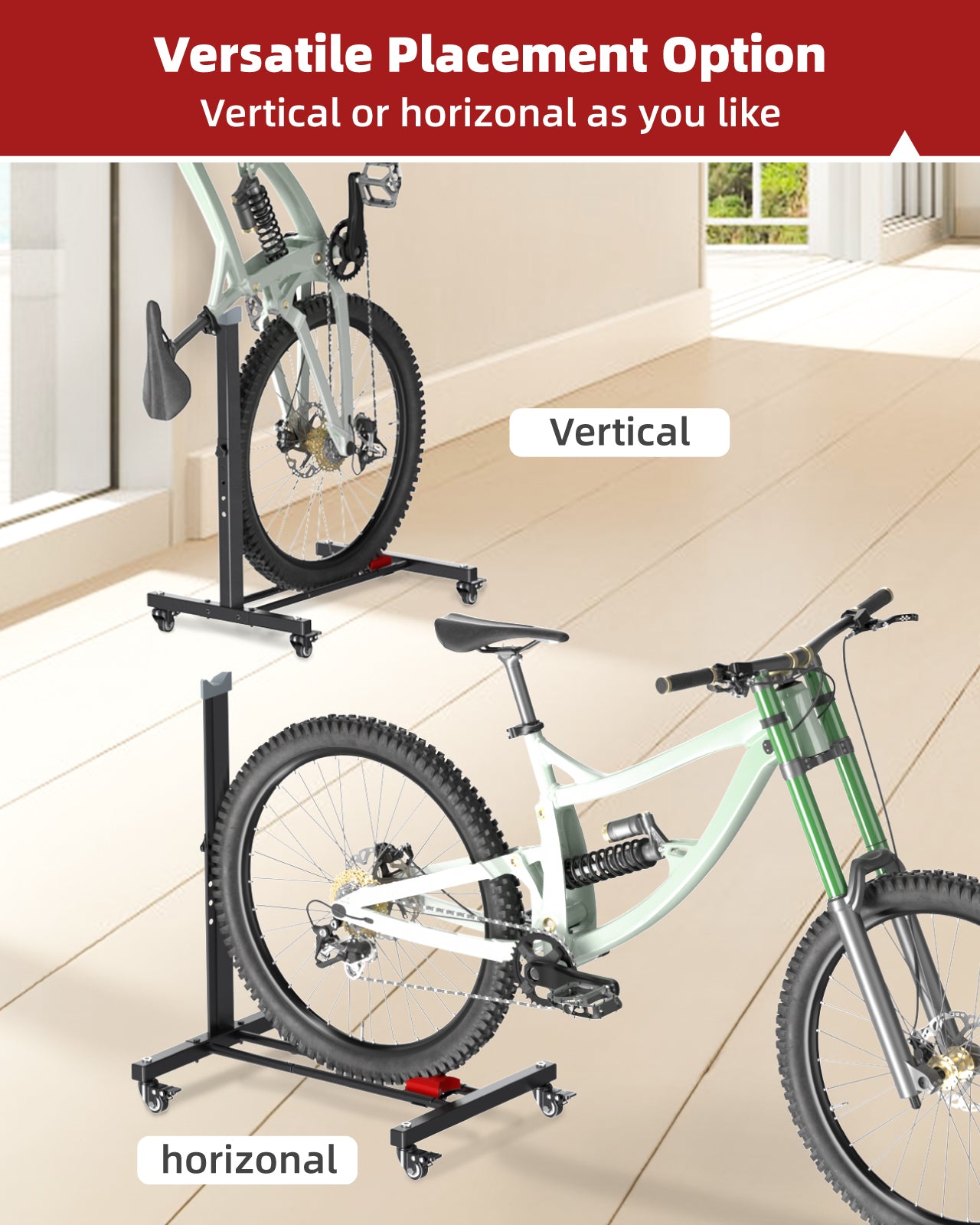 Fitense Bike Rack, Vertical Bike Stand with Swivel Casters, Horizontal Adjustable Height Bicycle Stand for Apartment, Bike Holder for Road, MTB & Hybrid Bikes - 2.5" Tire Width, Wheels Sizes up to 27”
