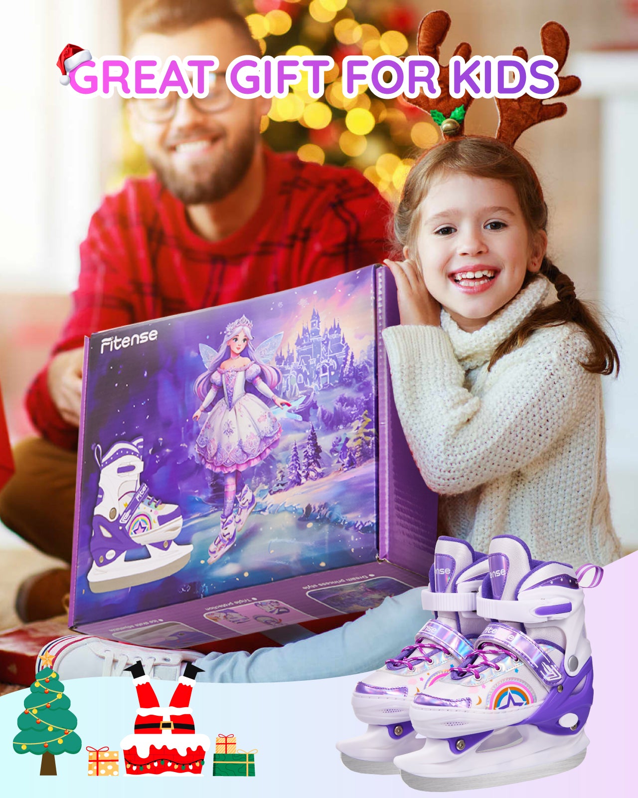 Fitense Adjustable Ice Skates for Kids, 4 Size Adjustable Youth Ice Skates with Blades, Includes Storage Bag Exquisite Package, Perfect Gift for Beginner Girls (Sizes 9C-6Y).
