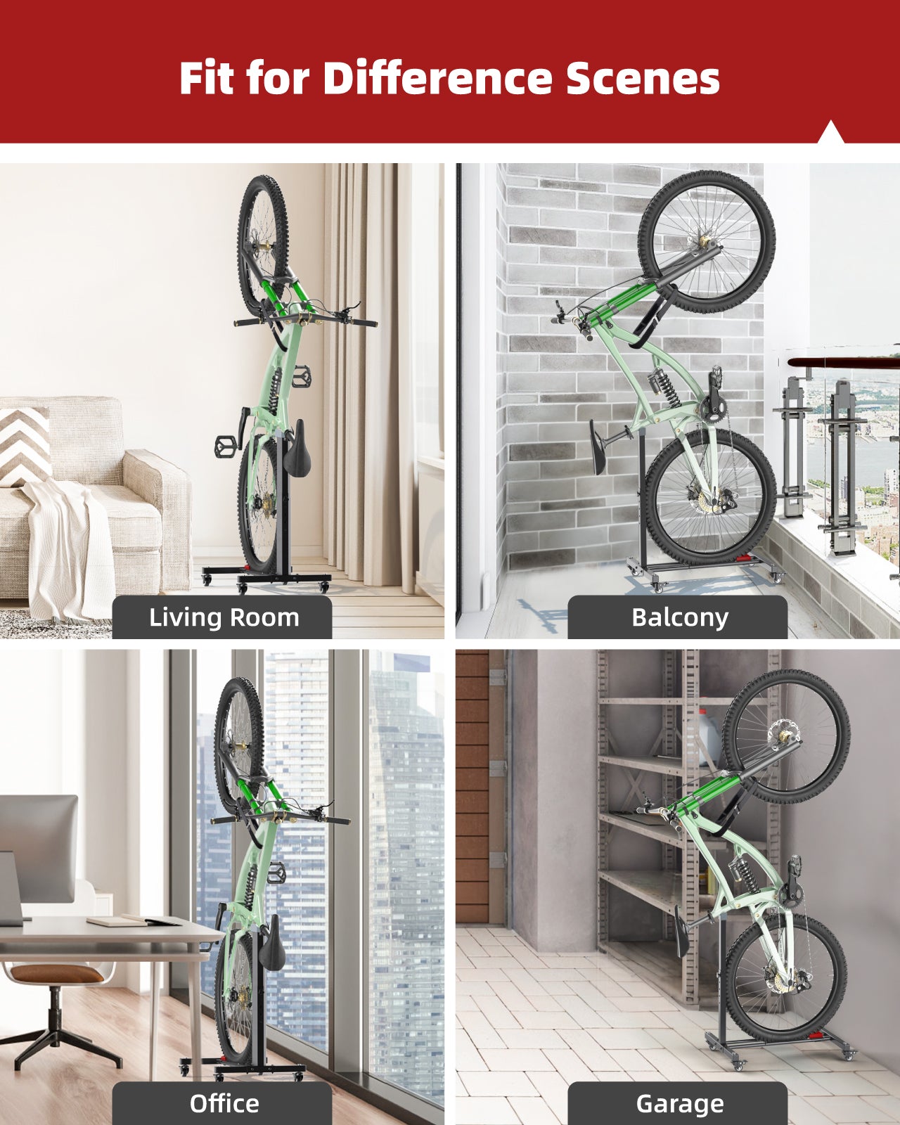 Fitense Bike Rack, Vertical Bike Stand with Swivel Casters, Horizontal Adjustable Height Bicycle Stand for Apartment, Bike Holder for Road, MTB & Hybrid Bikes - 2.5" Tire Width, Wheels Sizes up to 27”