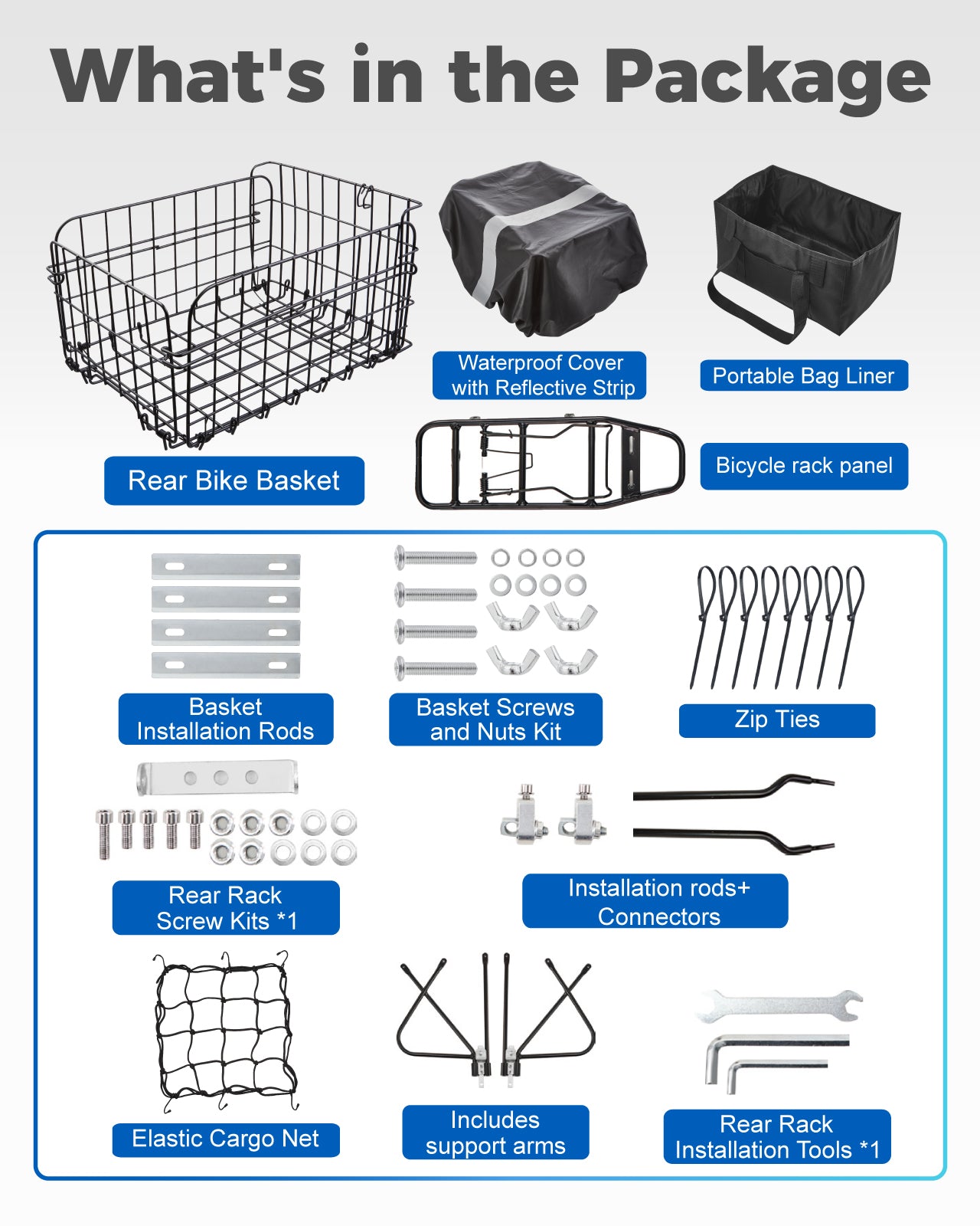 Fitense Rear Bike Rack with Basket- Bicycle Cargo Rack with Waterproof Cover, Liner and Cargo Net, Bike Storage Basket for 26" - 29" and 700c Bikes