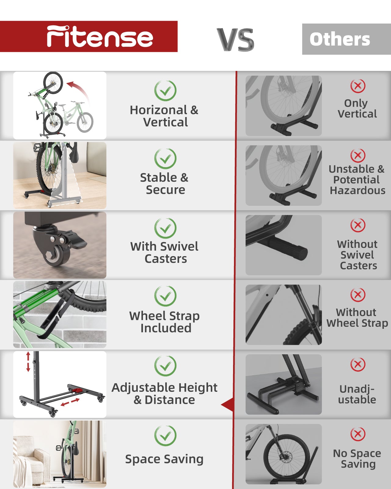 Fitense Bike Rack, Vertical Bike Stand with Swivel Casters, Horizontal Adjustable Height Bicycle Stand for Apartment, Bike Holder for Road, MTB & Hybrid Bikes - 2.5" Tire Width, Wheels Sizes up to 27”