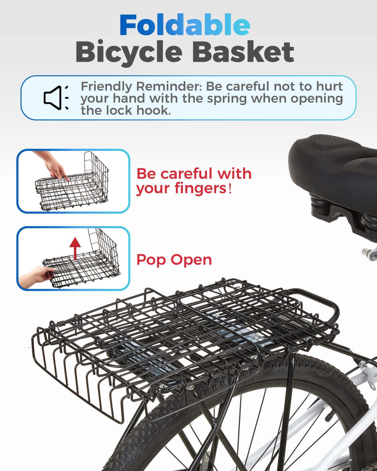 Fitense Rear Bike Rack with Basket- Bicycle Cargo Rack with Waterproof Cover, Liner and Cargo Net, Bike Storage Basket for 26" - 29" and 700c Bikes