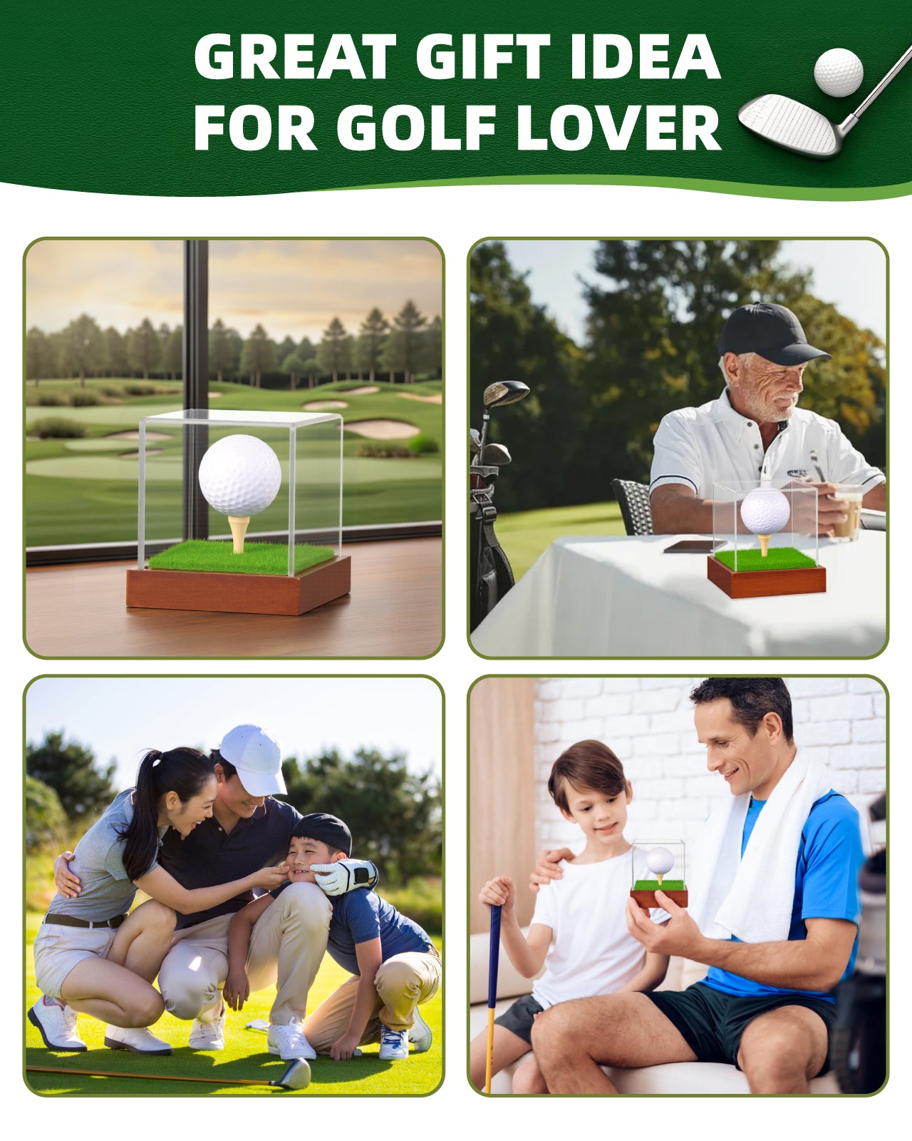 Fitense Golf Ball Display Case - Clear Acrylic Cube with Solid Wood Base & Tee, Anti-Dust Transparent Holder for Single Golf Ball, Ideal for Collectibles, Souvenirs & Gifts, Display Special Golf Balls