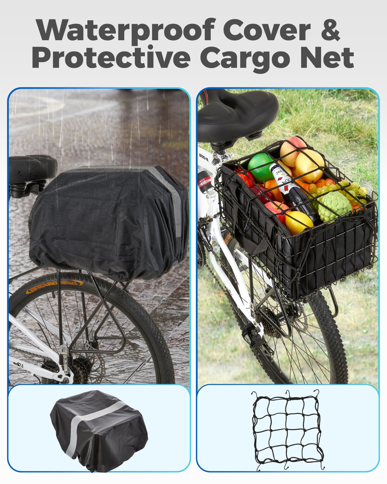 Fitense Rear Bike Rack with Basket- Bicycle Cargo Rack with Waterproof Cover, Liner and Cargo Net, Bike Storage Basket for 26" - 29" and 700c Bikes