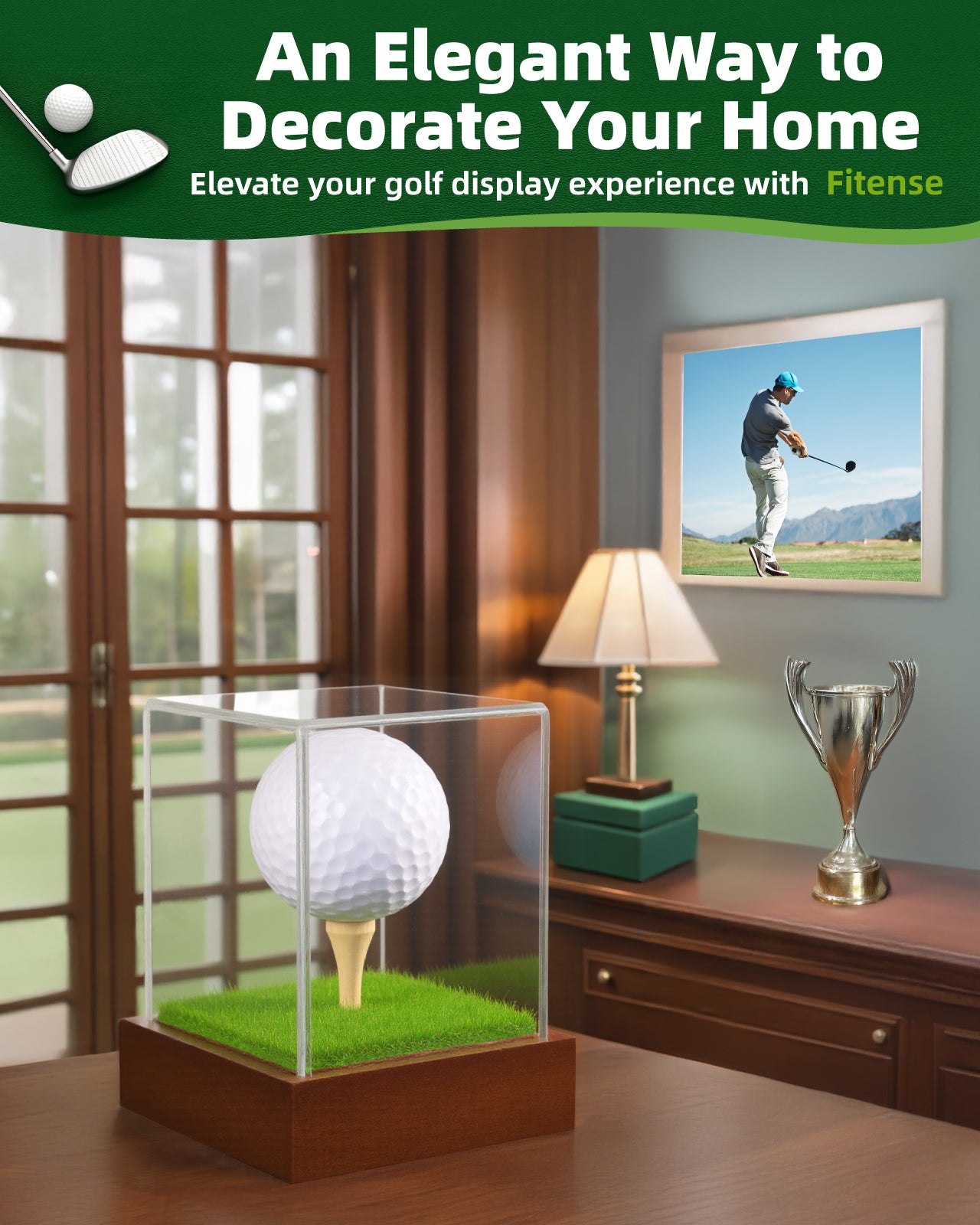 Fitense Golf Ball Display Case - Clear Acrylic Cube with Solid Wood Base & Tee, Anti-Dust Transparent Holder for Single Golf Ball, Ideal for Collectibles, Souvenirs & Gifts, Display Special Golf Balls