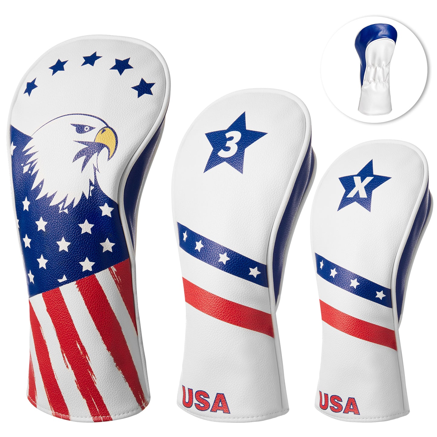 Fitense Golf Head Covers, 3 Pack Golf Club Head Covers USA Stars and Stripes, Velour Lined for Extra Club Protection, Designed to Fit All Woods and Drivers Velour Lined (1,3,X)