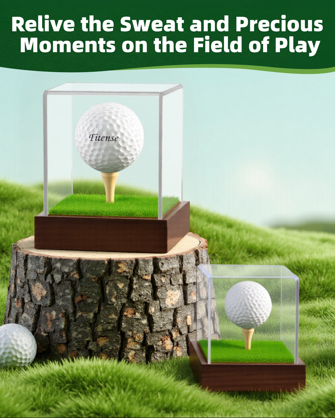 Fitense Golf Ball Display Case - Clear Acrylic Cube with Solid Wood Base & Tee, Anti-Dust Transparent Holder for Single Golf Ball, Ideal for Collectibles, Souvenirs & Gifts, Display Special Golf Balls