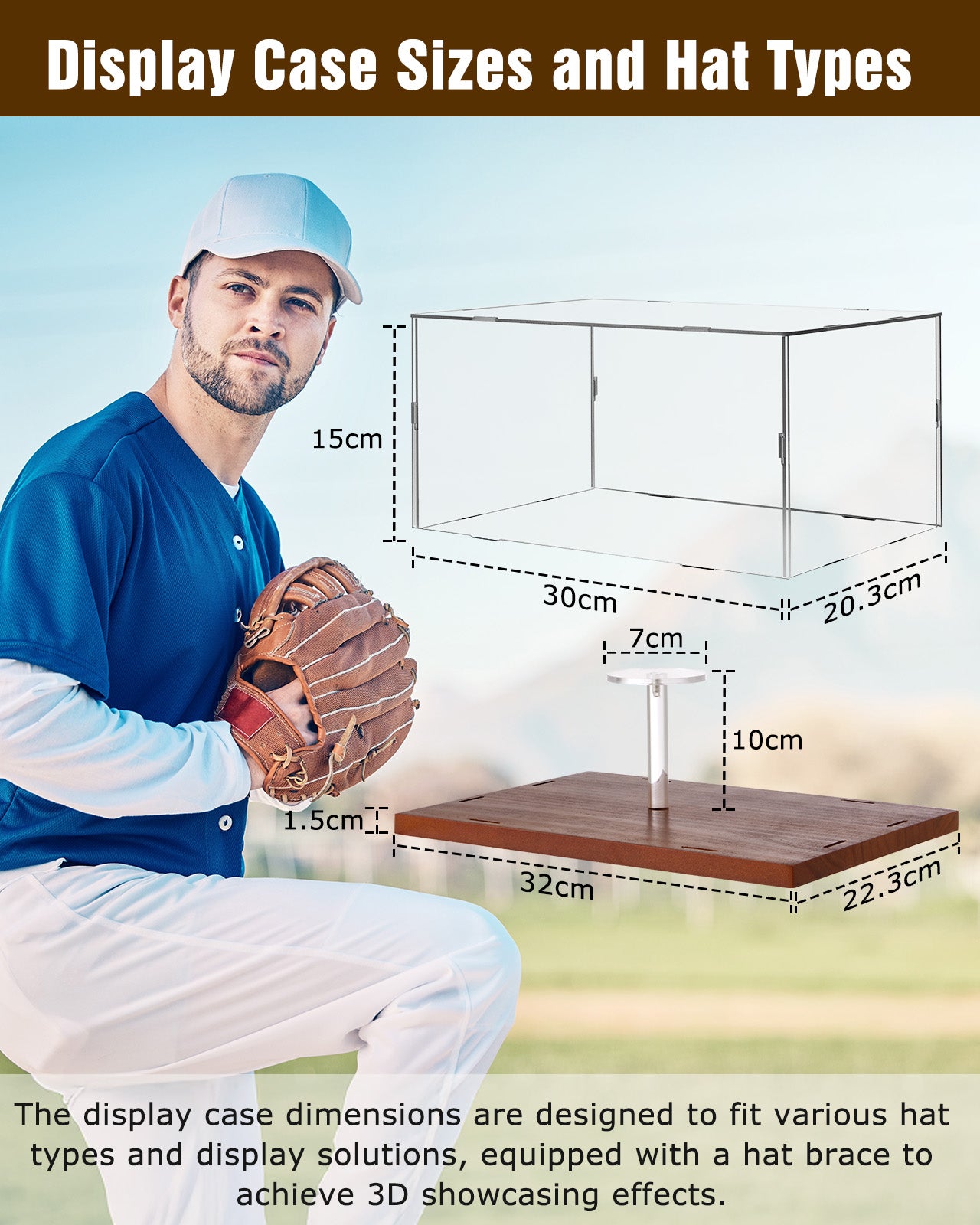 Fitense Hat Display Case, Acrylic Baseball Cap Display Box, UV Fade Protection, Solid Wood Base & Cap Shaper, Signed Hat Collector's Showcase, for Cap Enthusiasts, 11.8" x 7.8" x 5.9"