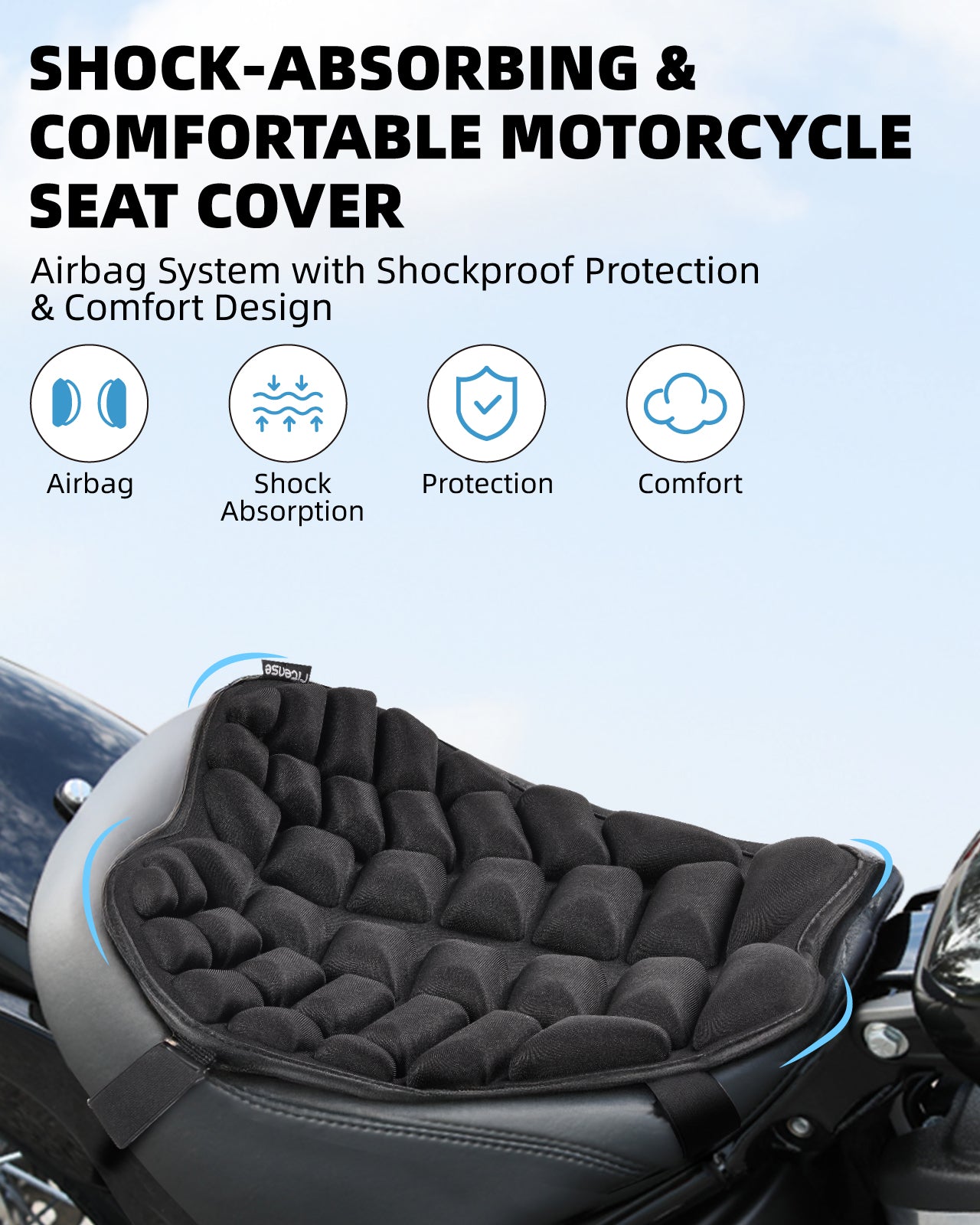 Fitense 13.8x15.8in Universal Motorcycle Seat Cushion with 3D Shock Absorption & Waterproof BSR Lycra - Dual Non-Slip Gel + Elastic Straps, Ergonomic TPE Support for Men Women Long Rides
