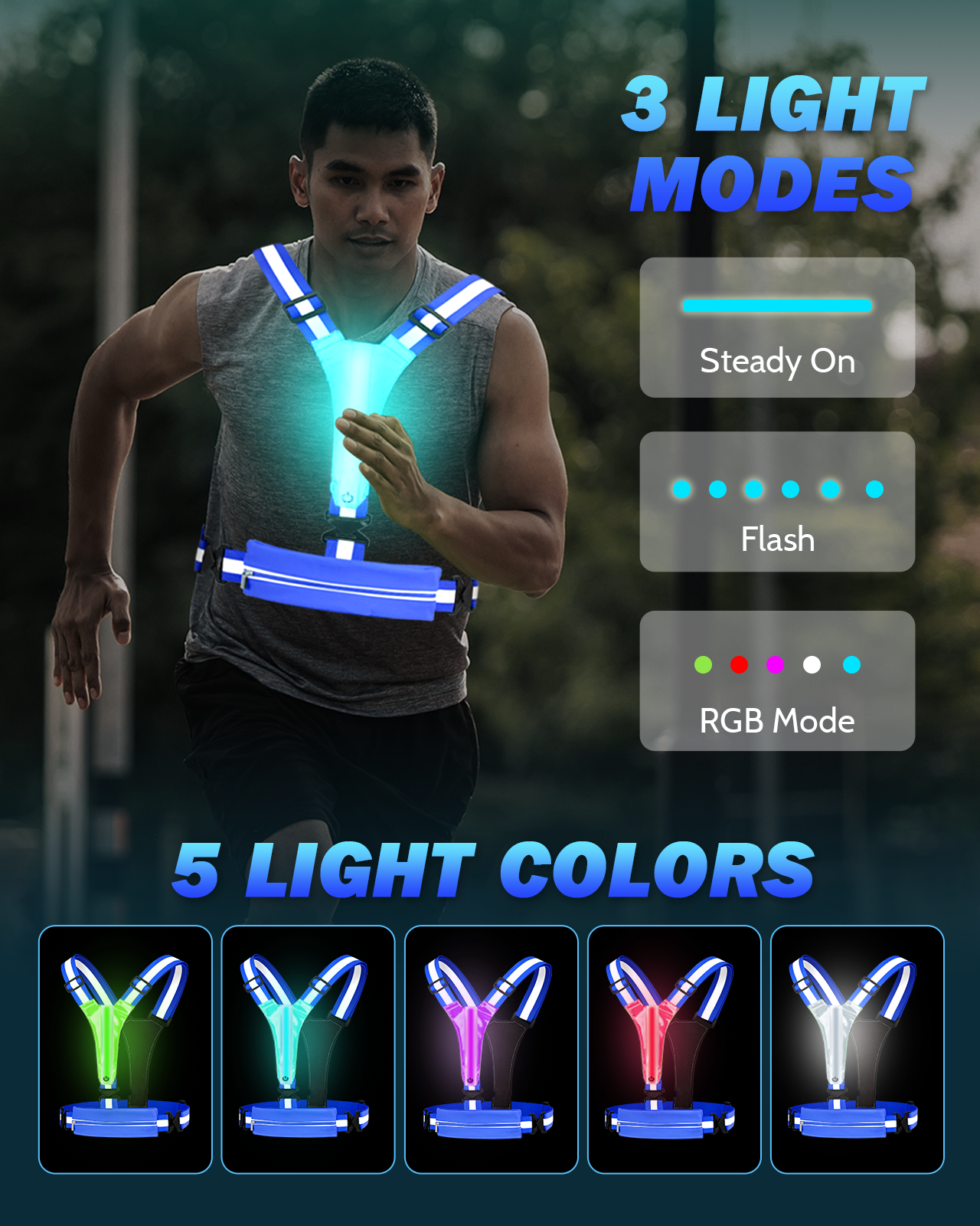 LED Reflective Running Vest with Phone Holder, 5 Colors Light Up Running Vest Rechargeable Running Lights for Runners High Visibility Reflective Running Gear, Adjustable for Men and Women