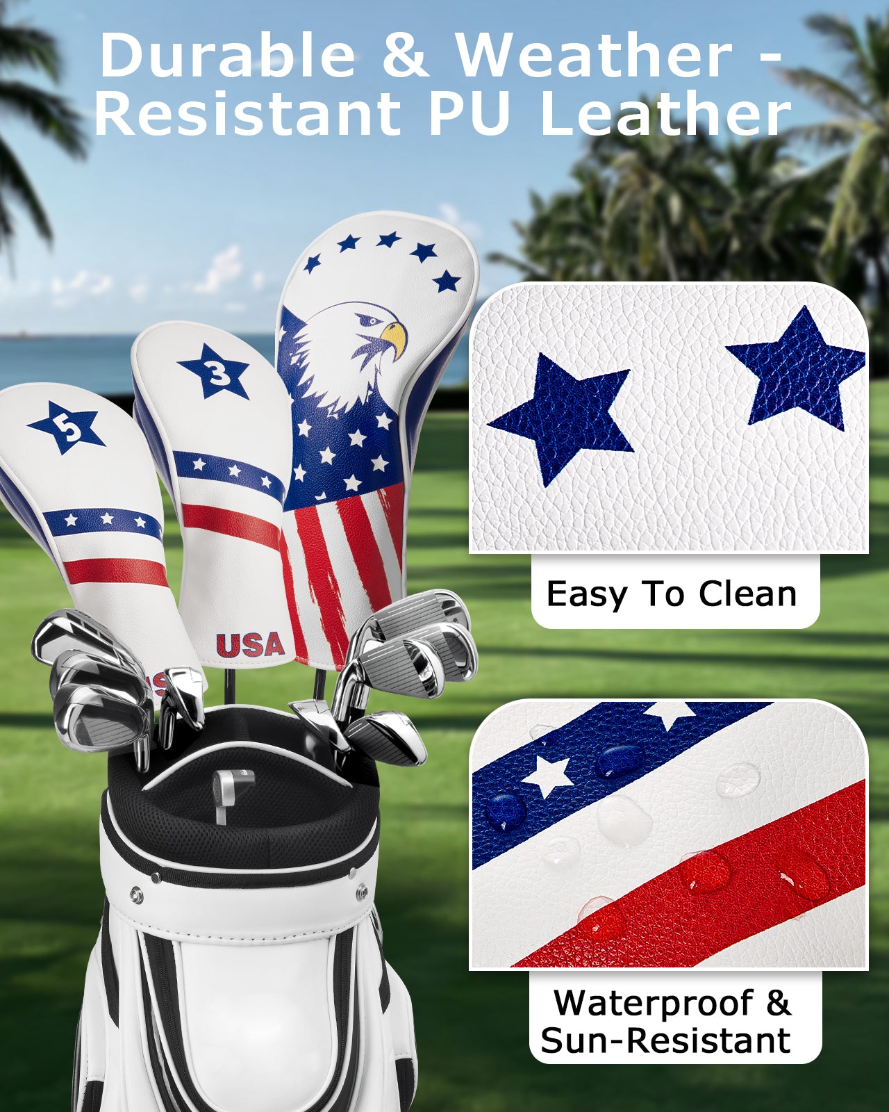 Fitense Golf Head Covers, 3 Pack Golf Club Head Covers USA Stars and Stripes, Velour Lined for Extra Club Protection, Designed to Fit All Woods and Drivers Velour Lined (1,3,5)