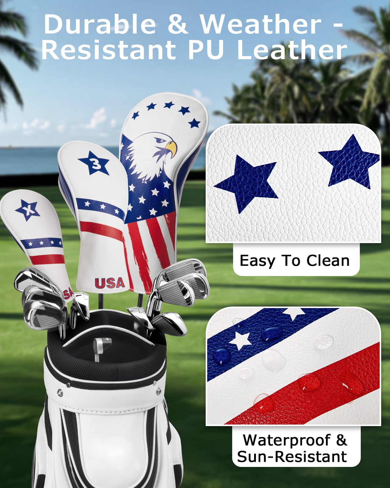 Fitense Magnetic Golf Head Covers, 3 Pack Golf Club Head Covers USA Stars and Stripes, Velour Lined for Extra Club Protection, Designed to Fit All Woods and Drivers Velour Lined (1,3,X)