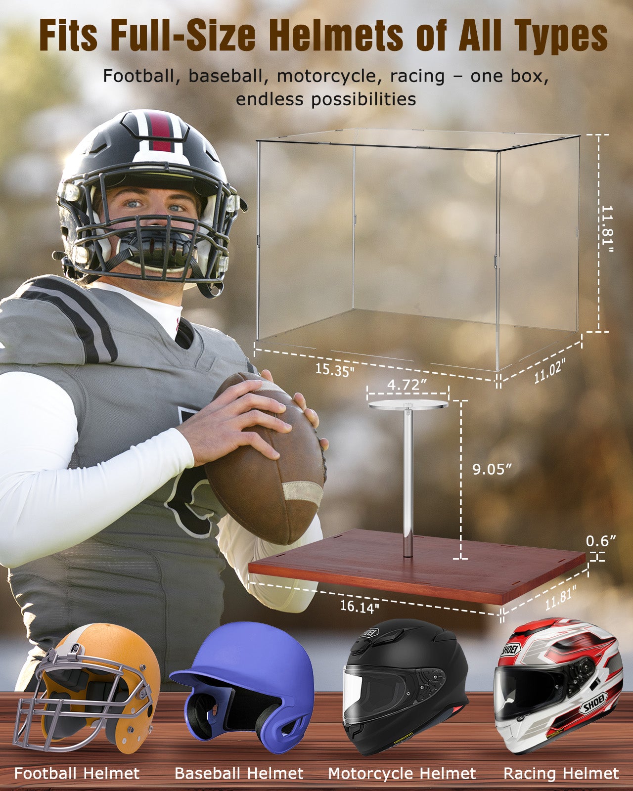 Fitense Full Size Football Helmet Display Case - 15.4×11×11.8in Interior, 100% Wooden Base, Compatible with Baseball/Motorcycle/Racing Helmets, High-Transparency Acrylic with UV Protection