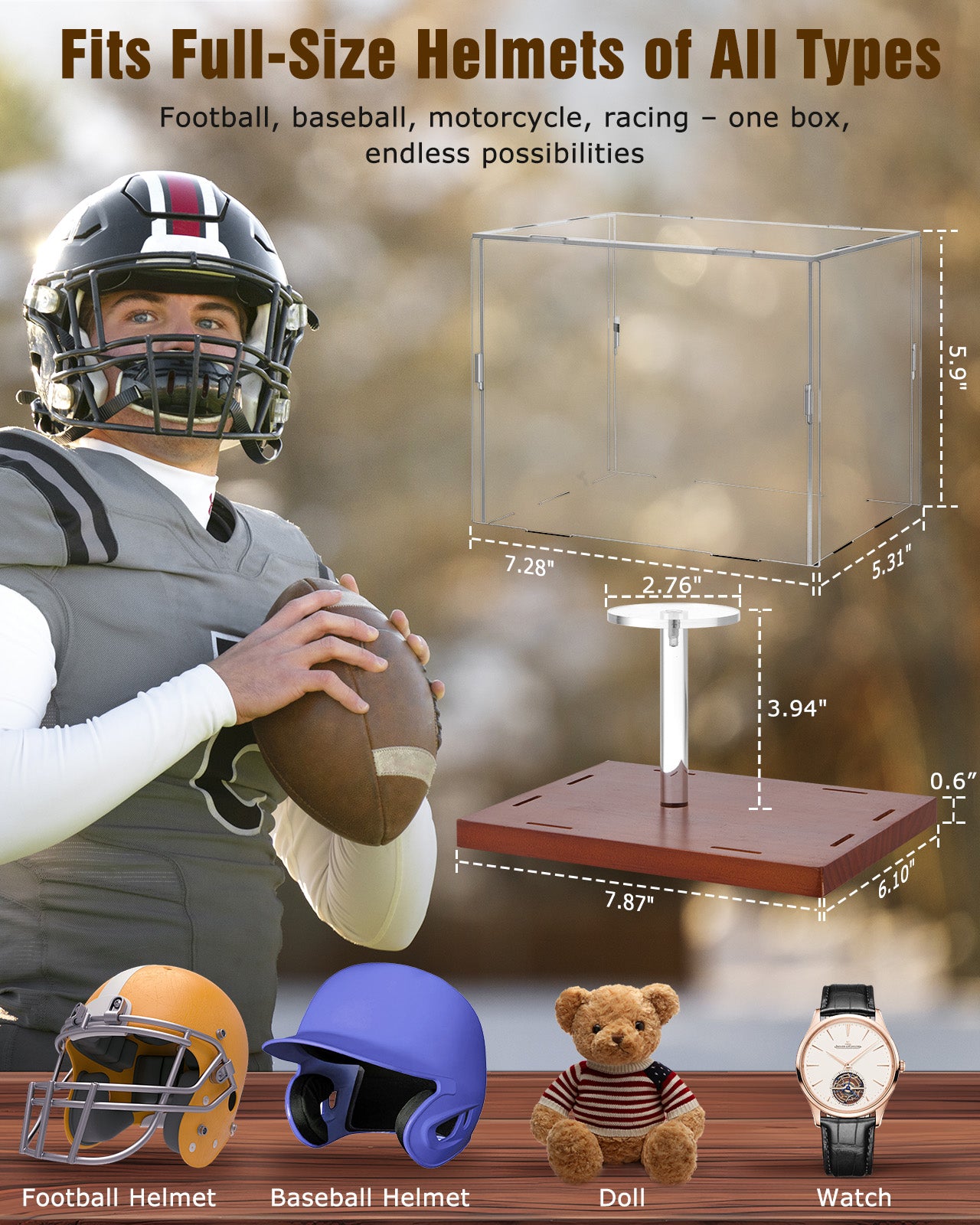 Fitense Mini Helmet Display Case - 7.1×5.3×5.9in Interior, 100% Wooden Base, Fits Football/Baseball Mini Helmets & Collectibles, High-Transparency Acrylic with UV Protection