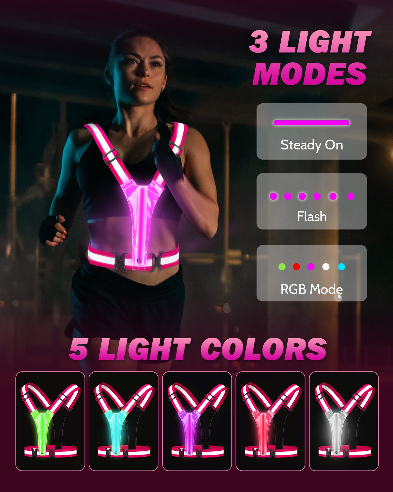 LED Reflective Running Vest, 5 Colors Light Up Running Vest Rechargeable Running Lights for Runners High Visibility Reflective Running Gear, Adjustable for Men and Women