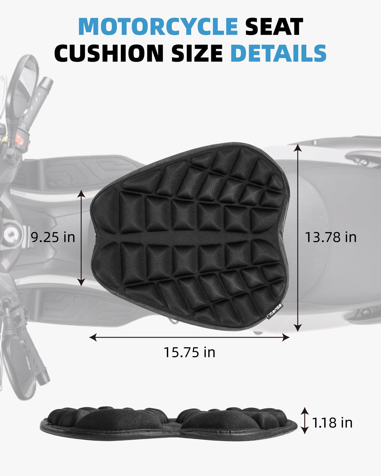 Fitense 13.8x15.8in Universal Motorcycle Seat Cushion with 3D Shock Absorption & Waterproof BSR Lycra - Dual Non-Slip Gel + Elastic Straps, Ergonomic TPE Support for Men Women Long Rides