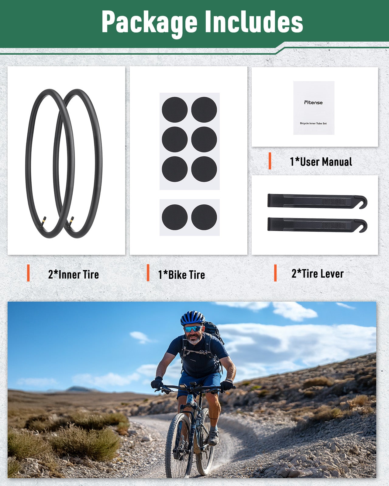 Fitense 2 Pack Bike Inner Tube 26×1.75/1.95/2.10/2.125 Inch 32mm Schrader Valve Bike Tubes, Bike Tire Tube with 2 Pcs Bike Tire lever & 8 Pcs Bike Tire Pre Glued Patchs, Compatible for MTB, City Bikes