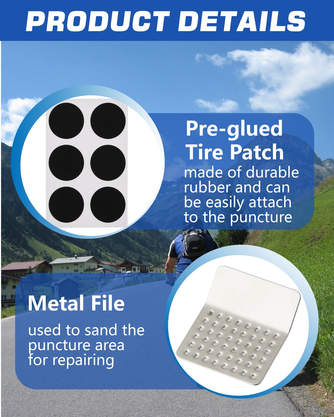 34 PCS Bike Tire Repair Kit with 32 PCS Pre Glued Patchs Tube Patchs, 2 PCS Metal Rasp, Bicycle Inner Flat Tube Patch Kit for Mountain MTB BMX Road Cycling