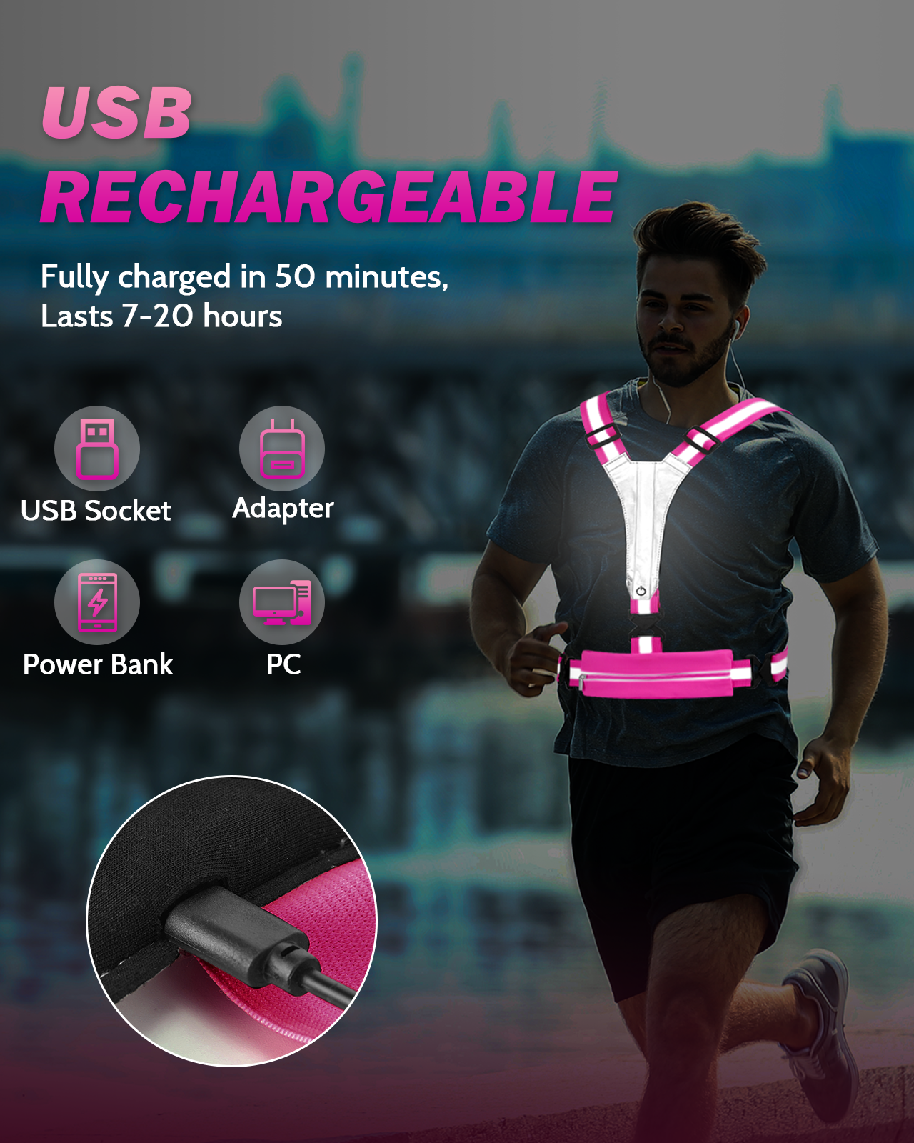 LED Reflective Running Vest with Phone Holder, 5 Colors Light Up Running Vest Rechargeable Running Lights for Runners High Visibility Reflective Running Gear, Adjustable for Men and Women