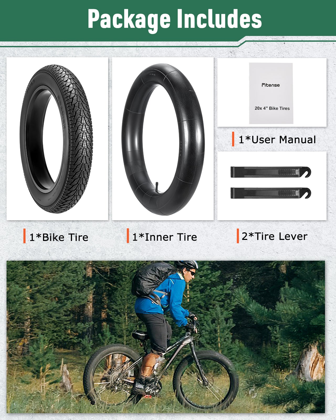 Fitense Fat Bike Tire, 20x4 inch Fat Tire and Tube Set, Folding Replacement Fat Electric Bike Tires with AV 33 MM Schrader Valve, with Street or Trail Riding