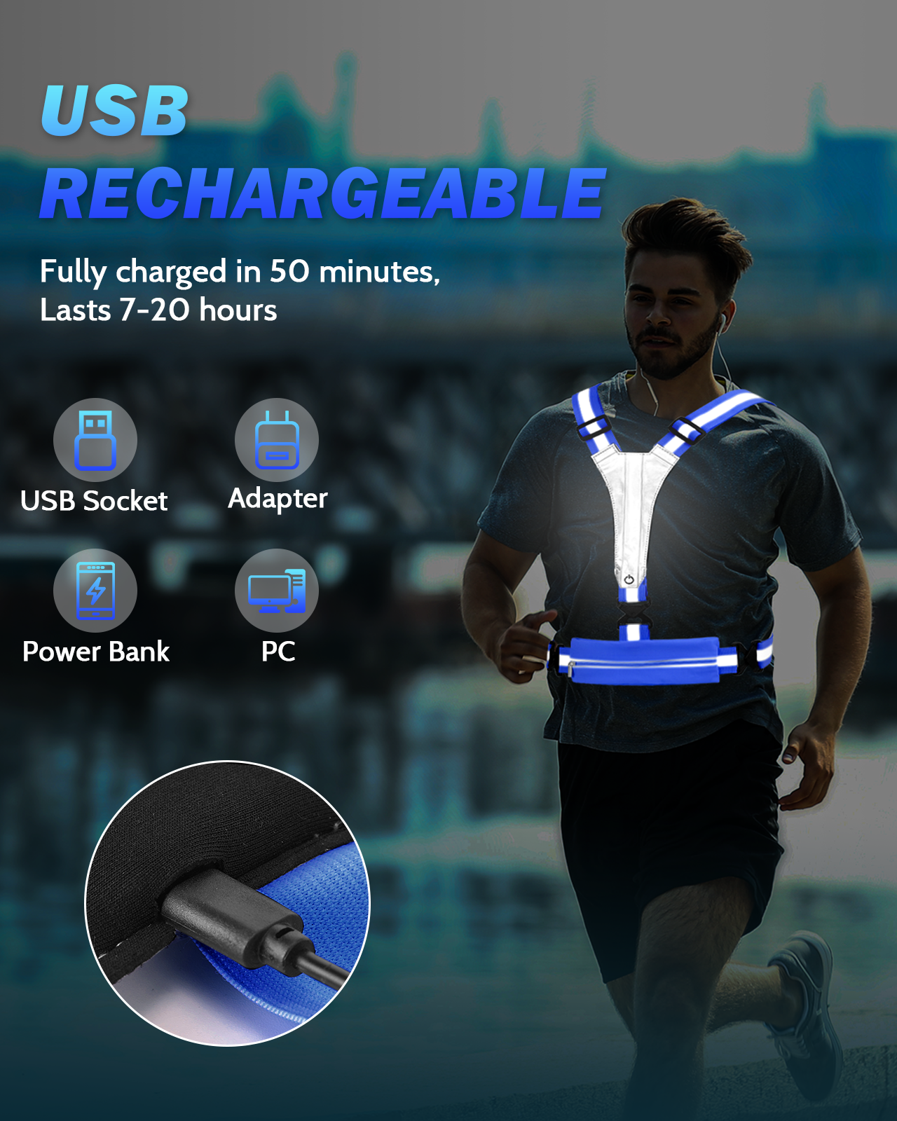 LED Reflective Running Vest with Phone Holder, 5 Colors Light Up Running Vest Rechargeable Running Lights for Runners High Visibility Reflective Running Gear, Adjustable for Men and Women