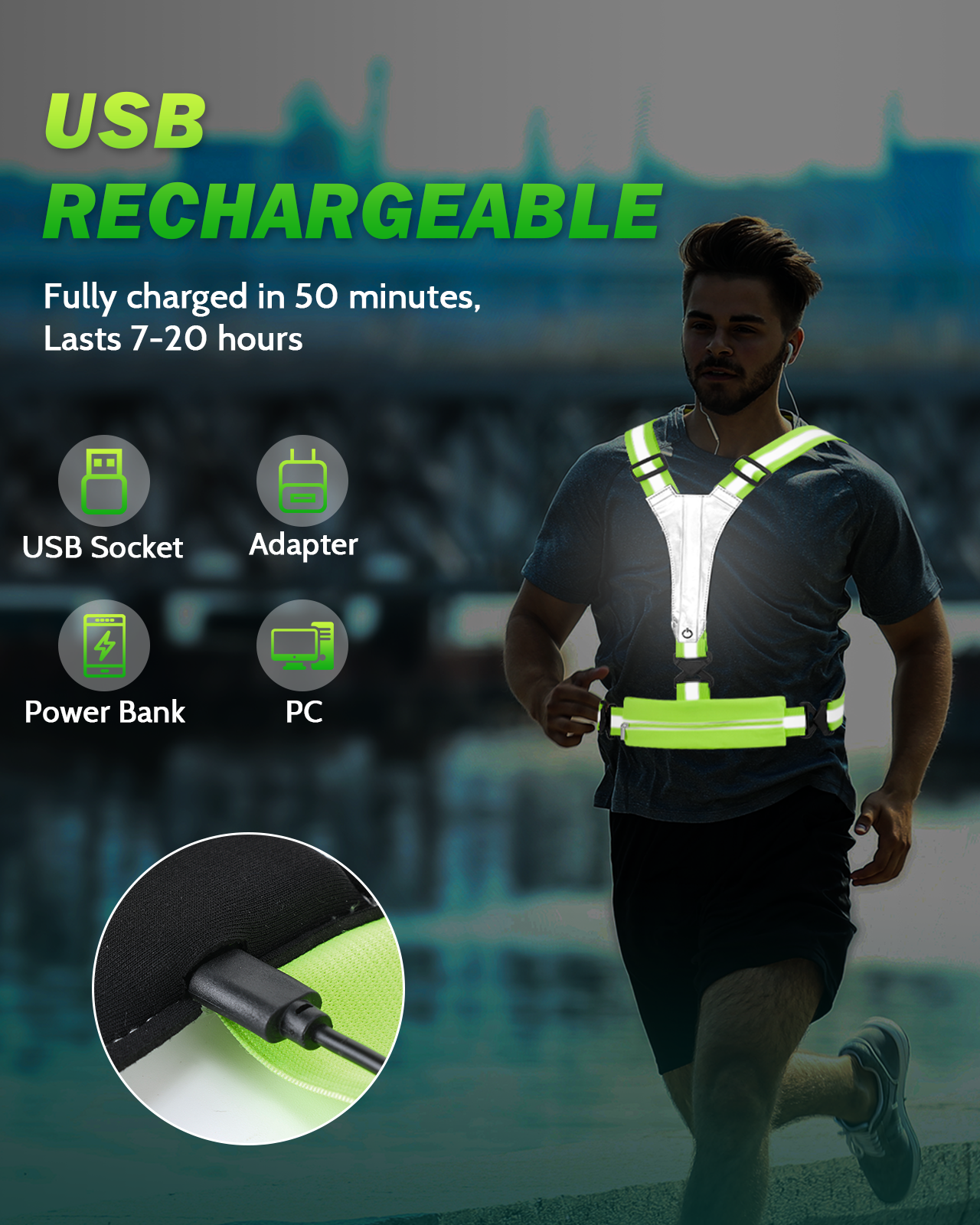 LED Reflective Running Vest with Phone Holder, 5 Colors Light Up Running Vest Rechargeable Running Lights for Runners High Visibility Reflective Running Gear, Adjustable for Men and Women
