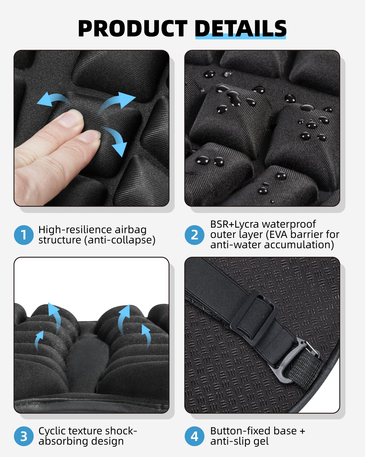 Fitense 13.8x15.8in Universal Motorcycle Seat Cushion with 3D Shock Absorption & Waterproof BSR Lycra - Dual Non-Slip Gel + Elastic Straps, Ergonomic TPE Support for Men Women Long Rides