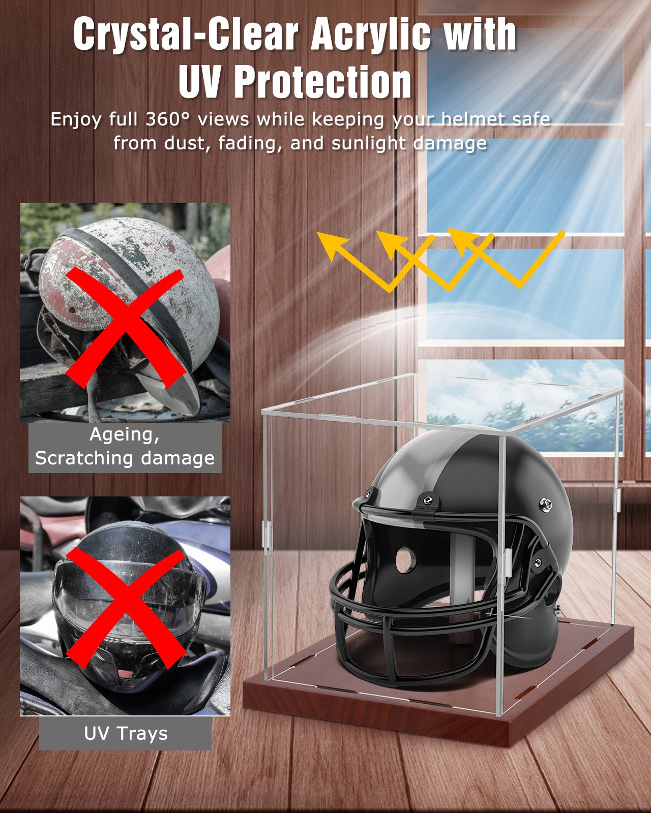 Fitense Mini Helmet Display Case - 7.1×5.3×5.9in Interior, 100% Wooden Base, Fits Football/Baseball Mini Helmets & Collectibles, High-Transparency Acrylic with UV Protection