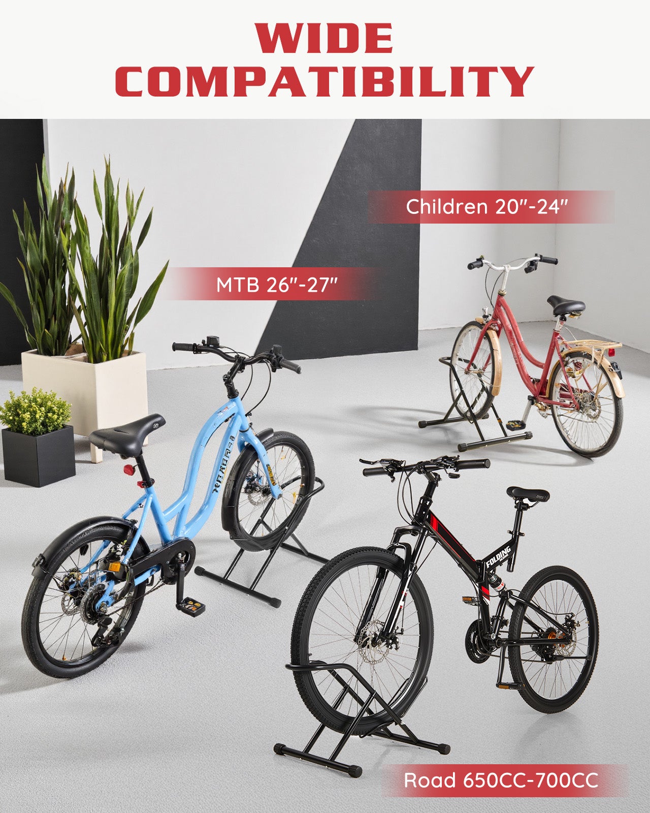 Fitense Upgraded 4" Wide Tire Floor Bike Stand Rack, Heavy Duty Garage Indoor Bike Storage, Fits 20"-27" Wheels, Kids Road Mountain Bikes, 66lbs Max Load, Anti-Slip Rubber Base