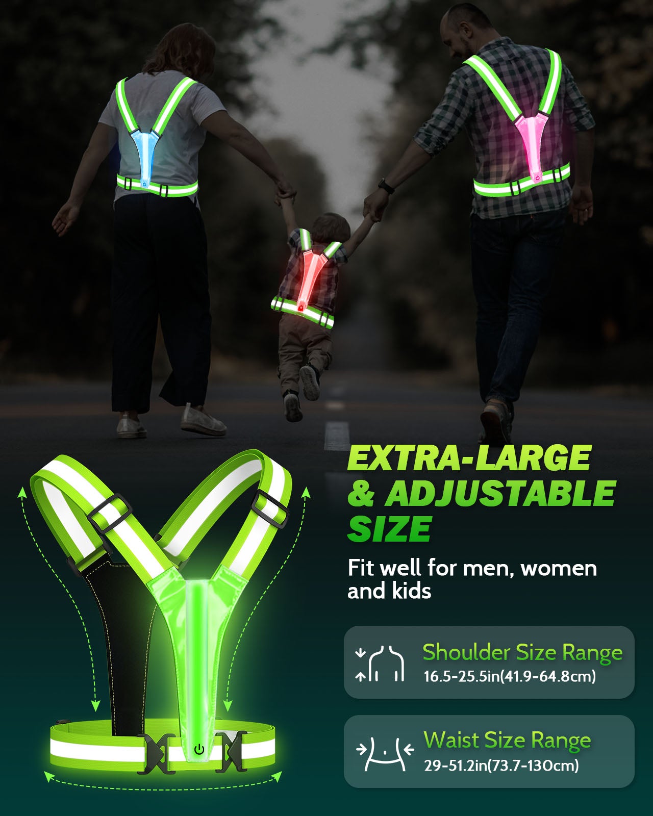 LED Reflective Running Vest, 5 Colors Light Up Running Vest Rechargeable Running Lights for Runners High Visibility Reflective Running Gear, Adjustable for Men and Women