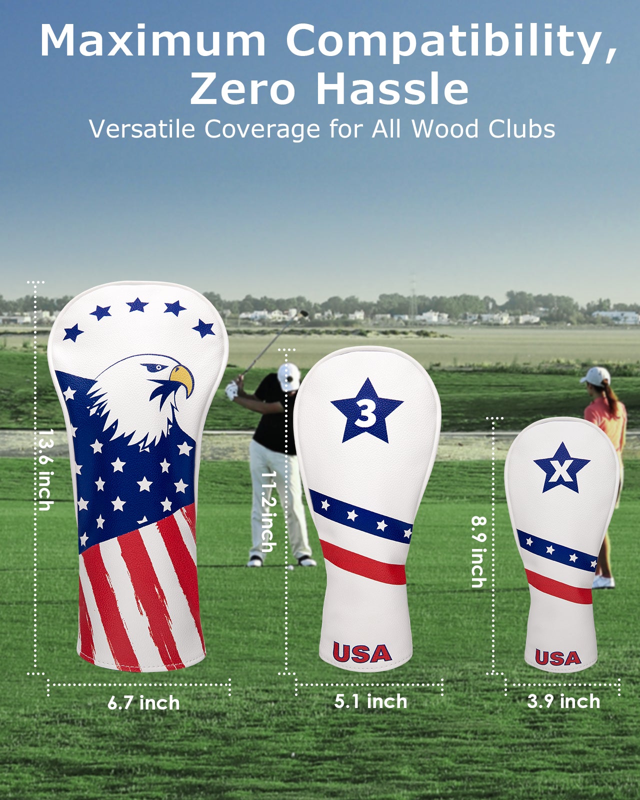Fitense Golf Head Covers, 3 Pack Golf Club Head Covers USA Stars and Stripes, Velour Lined for Extra Club Protection, Designed to Fit All Woods and Drivers Velour Lined (1,3,X)