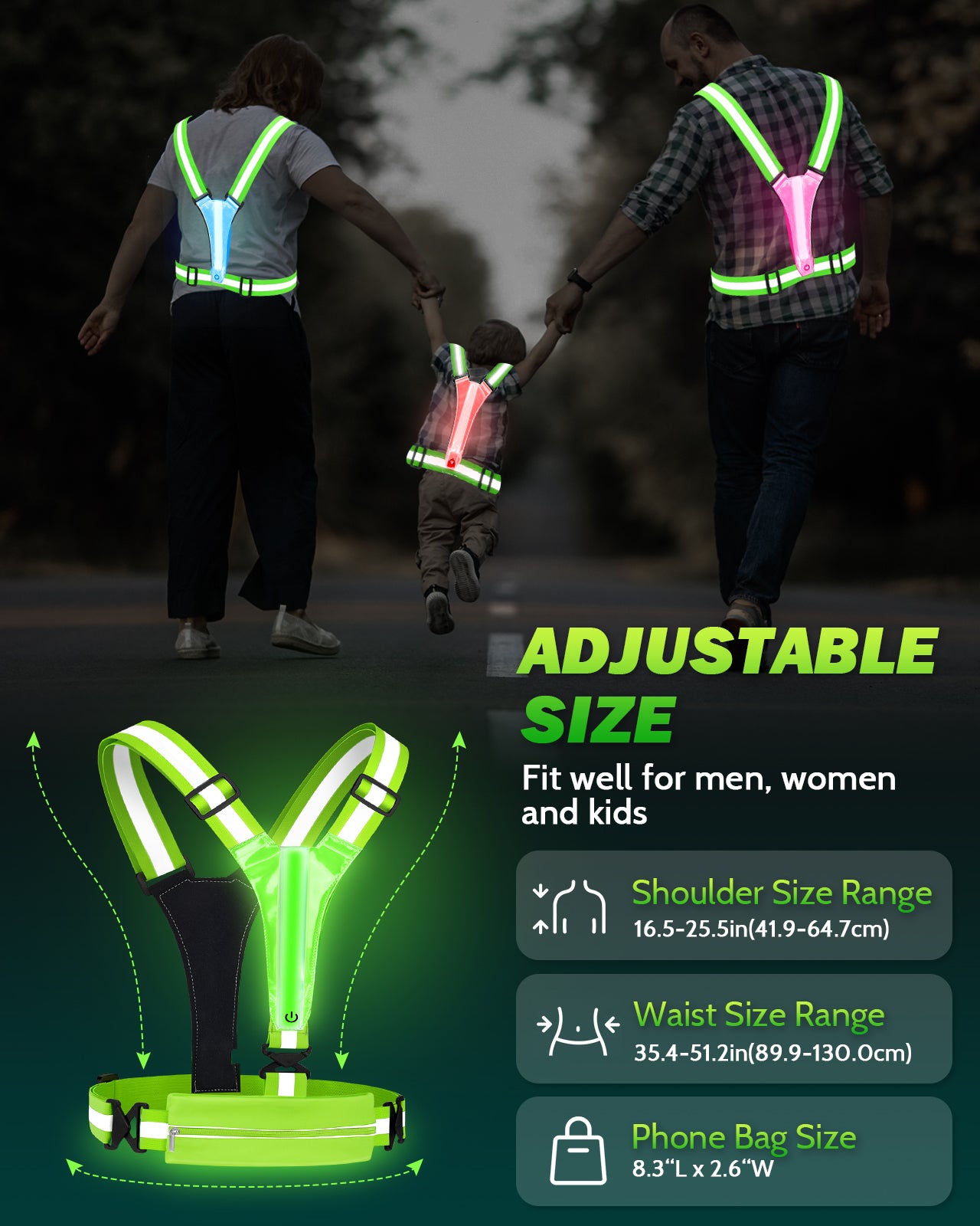 LED Reflective Running Vest with Phone Holder, 5 Colors Light Up Running Vest Rechargeable Running Lights for Runners High Visibility Reflective Running Gear, Adjustable for Men and Women