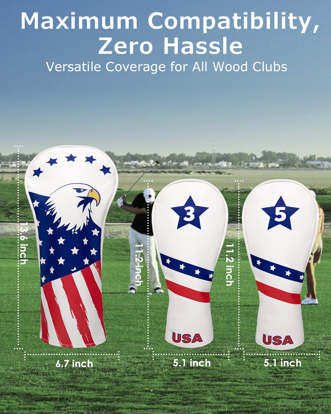 Fitense Golf Head Covers, 3 Pack Golf Club Head Covers USA Stars and Stripes, Velour Lined for Extra Club Protection, Designed to Fit All Woods and Drivers Velour Lined (1,3,5)