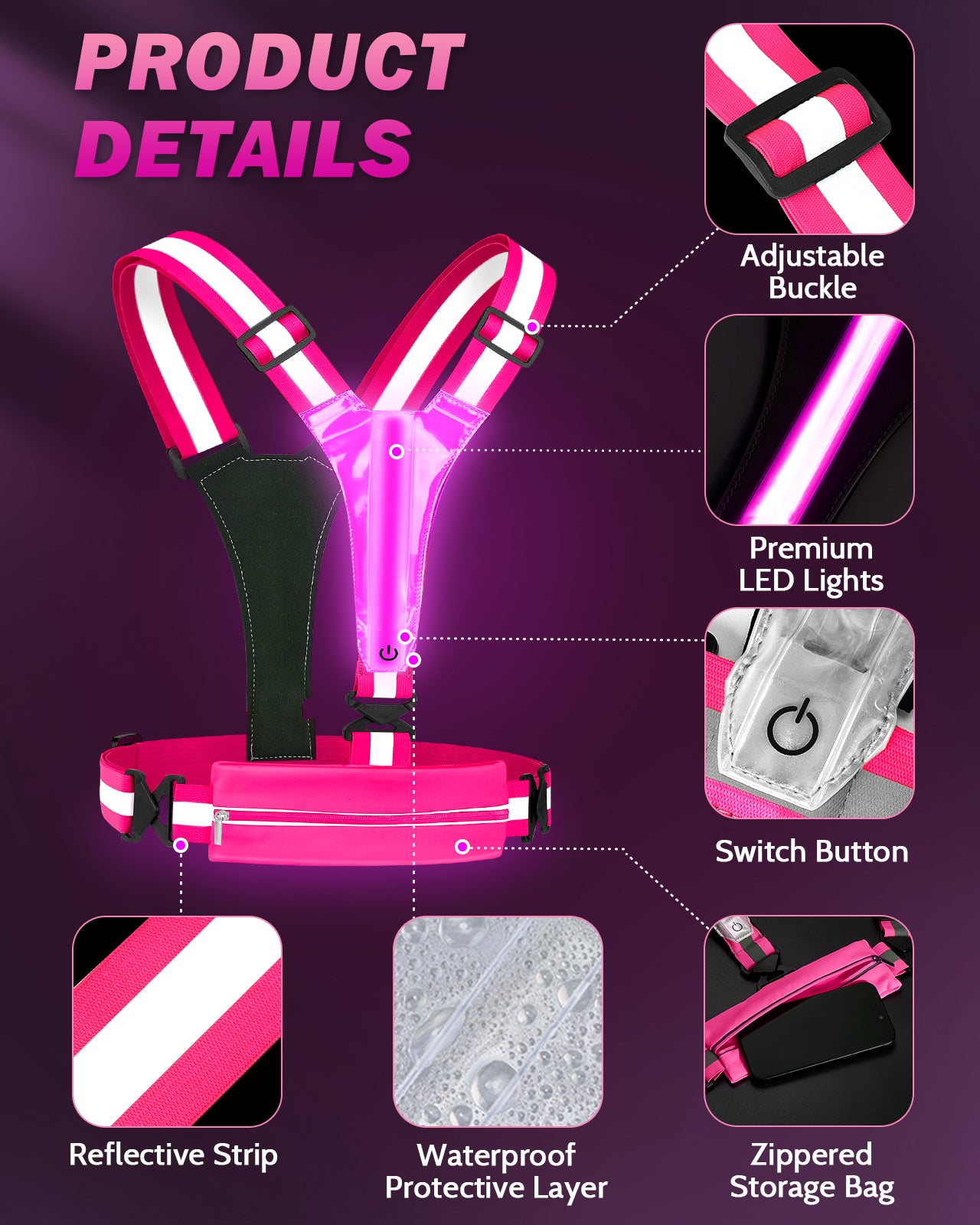 LED Reflective Running Vest with Phone Holder, 5 Colors Light Up Running Vest Rechargeable Running Lights for Runners High Visibility Reflective Running Gear, Adjustable for Men and Women