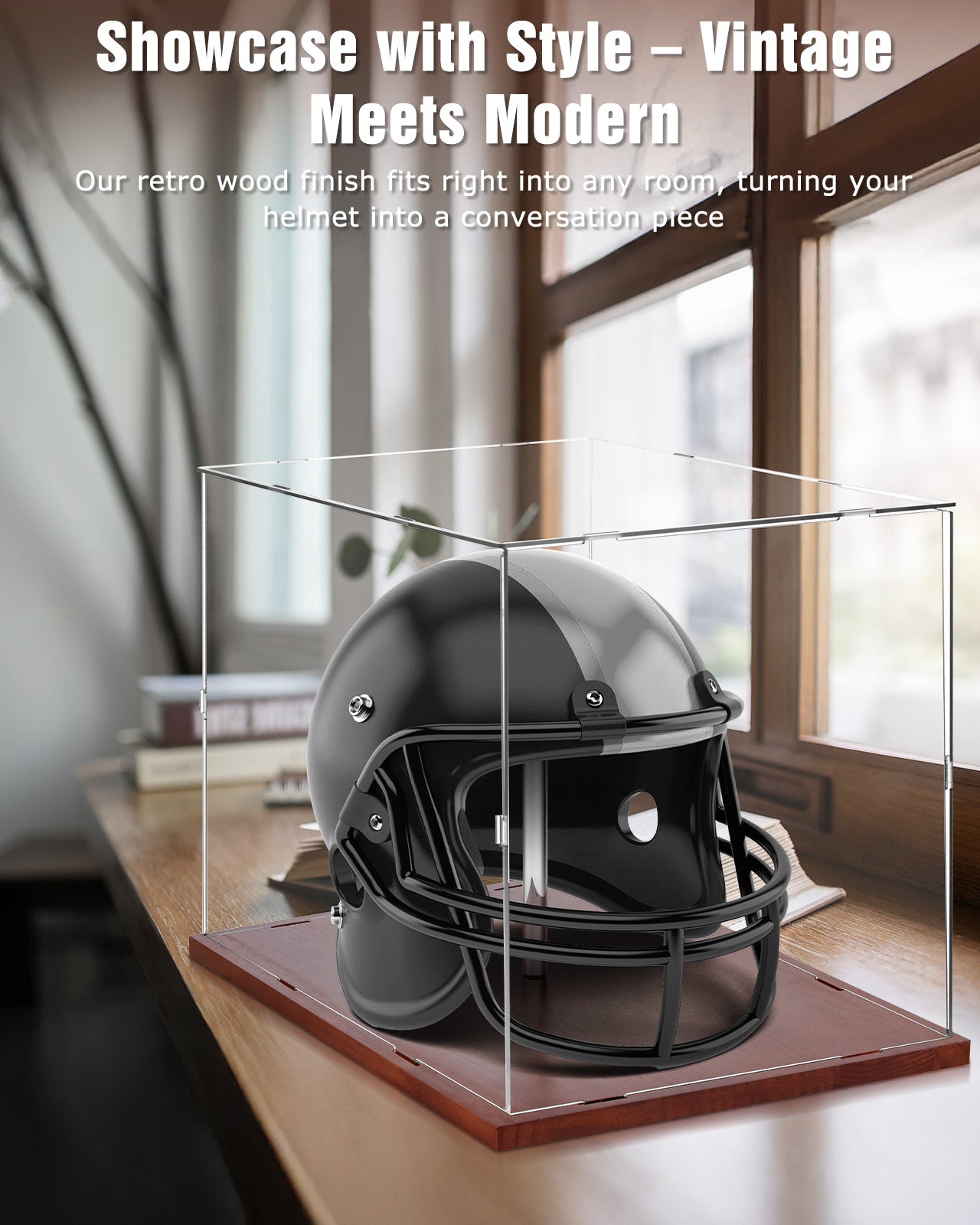 Fitense Full Size Football Helmet Display Case - 15.4×11×11.8in Interior, 100% Wooden Base, Compatible with Baseball/Motorcycle/Racing Helmets, High-Transparency Acrylic with UV Protection