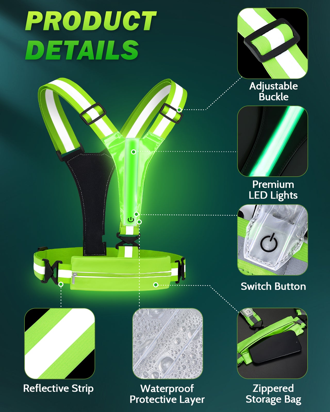 LED Reflective Running Vest with Phone Holder, 5 Colors Light Up Running Vest Rechargeable Running Lights for Runners High Visibility Reflective Running Gear, Adjustable for Men and Women