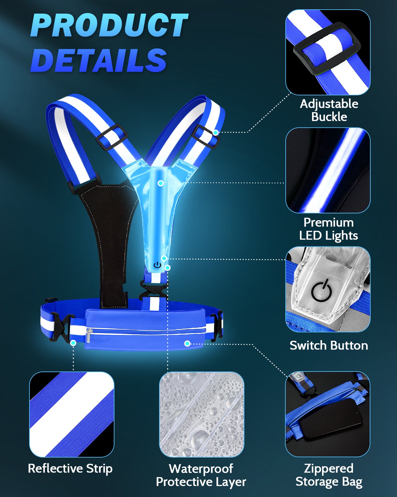 LED Reflective Running Vest with Phone Holder, 5 Colors Light Up Running Vest Rechargeable Running Lights for Runners High Visibility Reflective Running Gear, Adjustable for Men and Women