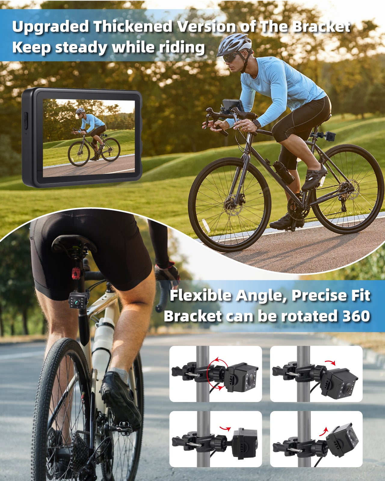 Fitense Bike Camera with 10000mAh Rechargeable Battery 360° Rotation 5'' HD 1080P Display - Color & B&W Night Vision 130° Precise Wide-Angle View Bike Rear View Camera for Bicycle, Mountain, Road Bike
