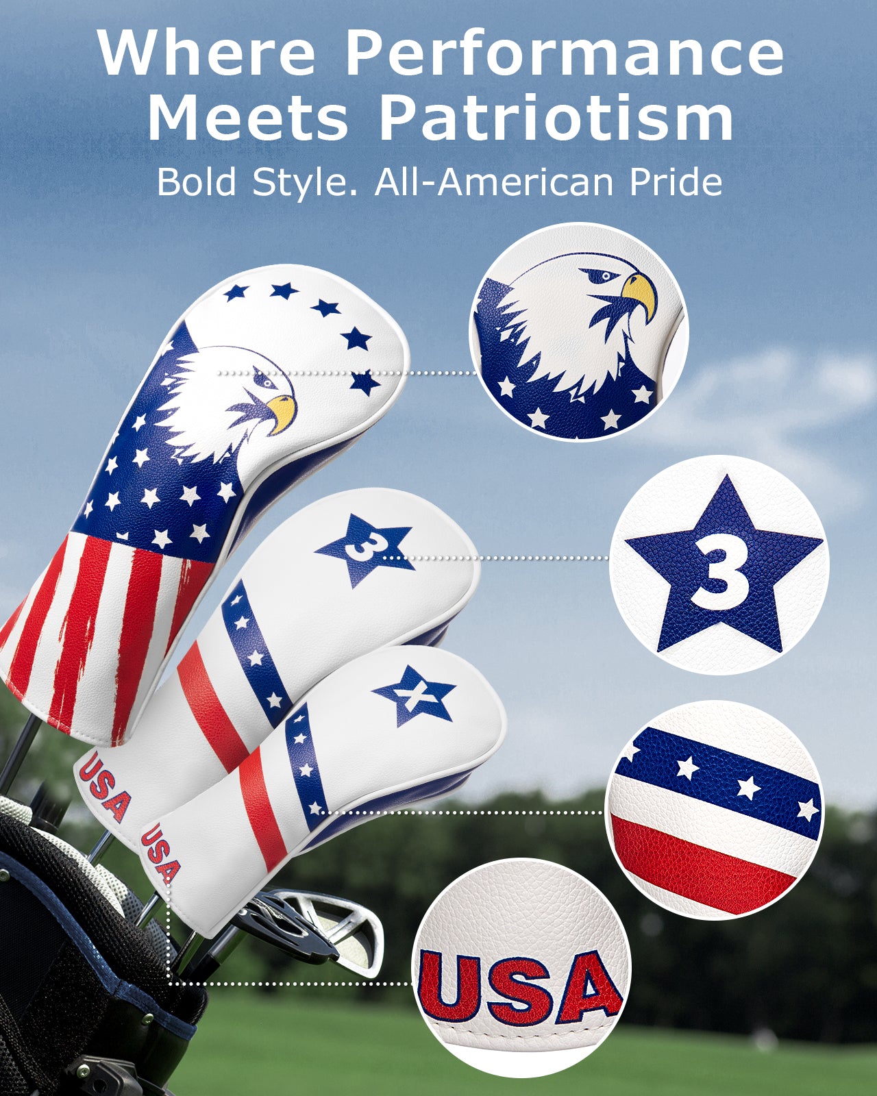 Fitense Magnetic Golf Head Covers, 3 Pack Golf Club Head Covers USA Stars and Stripes, Velour Lined for Extra Club Protection, Designed to Fit All Woods and Drivers Velour Lined (1,3,X)