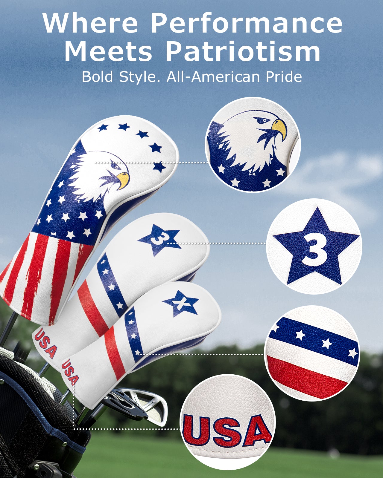 Fitense Golf Head Covers, 3 Pack Golf Club Head Covers USA Stars and Stripes, Velour Lined for Extra Club Protection, Designed to Fit All Woods and Drivers Velour Lined (1,3,X)
