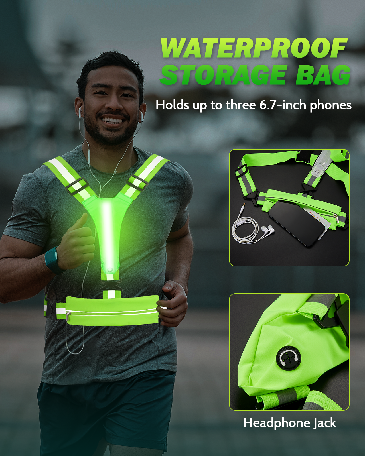 LED Reflective Running Vest with Phone Holder, 5 Colors Light Up Running Vest Rechargeable Running Lights for Runners High Visibility Reflective Running Gear, Adjustable for Men and Women
