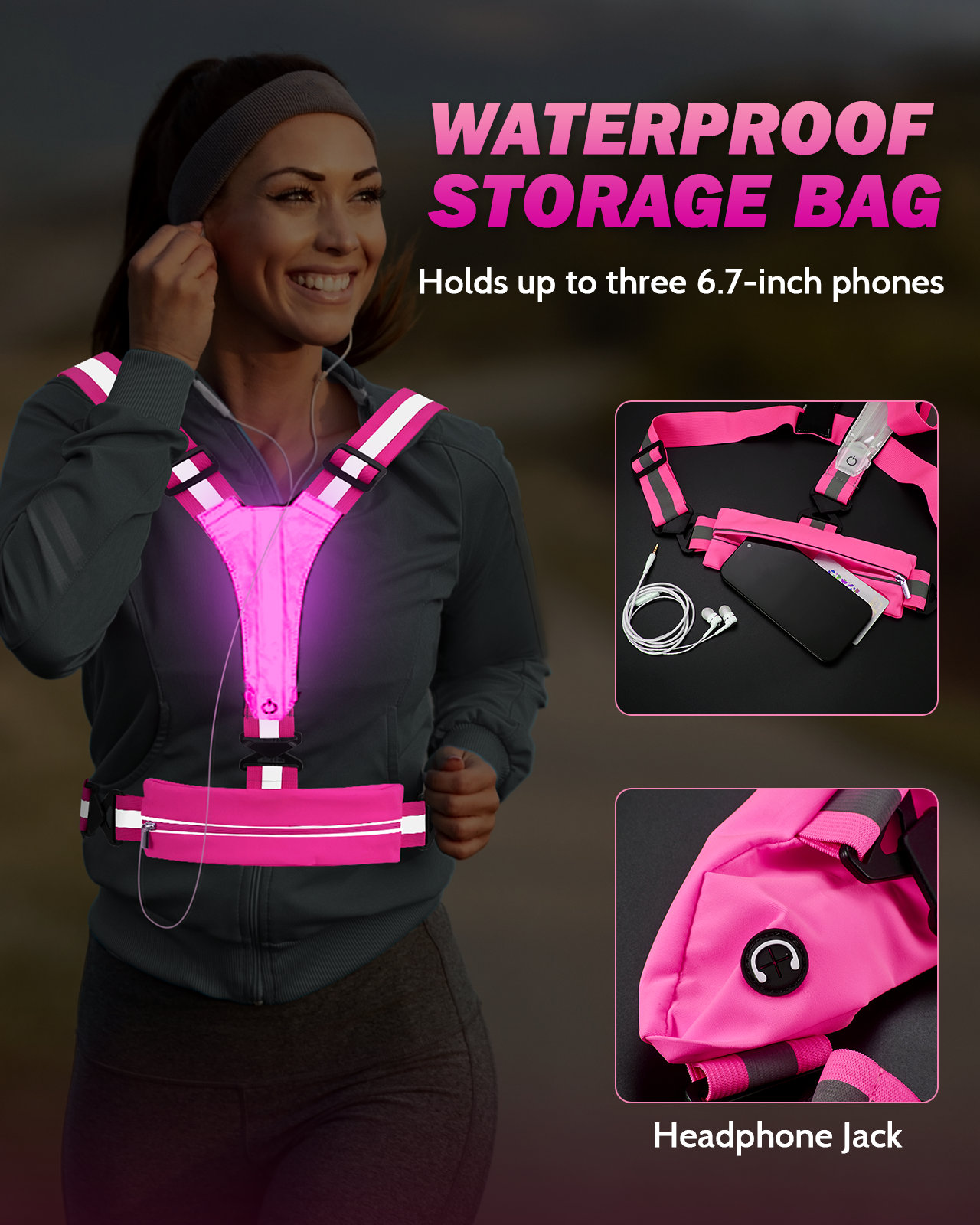 LED Reflective Running Vest with Phone Holder, 5 Colors Light Up Running Vest Rechargeable Running Lights for Runners High Visibility Reflective Running Gear, Adjustable for Men and Women