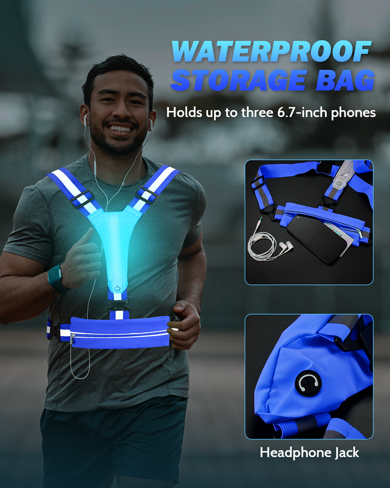 LED Reflective Running Vest with Phone Holder, 5 Colors Light Up Running Vest Rechargeable Running Lights for Runners High Visibility Reflective Running Gear, Adjustable for Men and Women