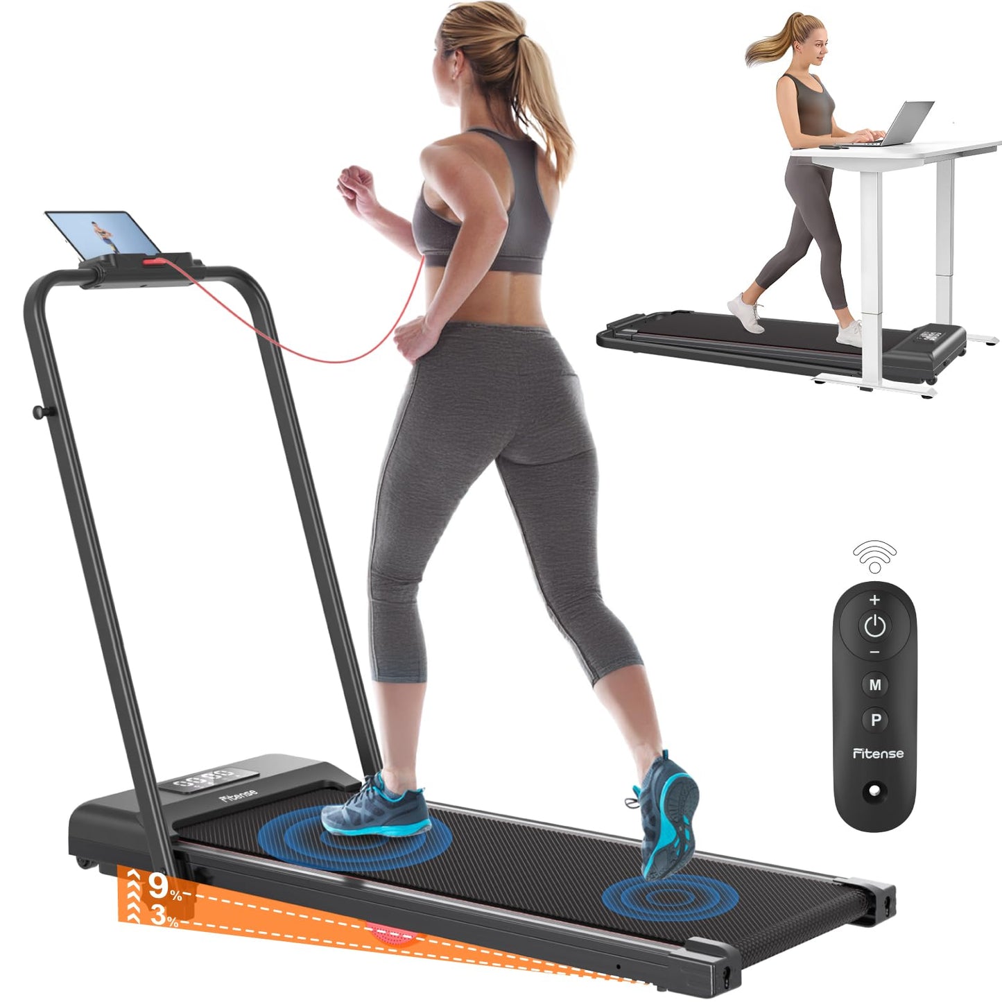 Incline Treadmills for Home Foldable, 2.5 HP Walking Pad Under Desk Treadmill with Incline 3%/9% Adjustable, Remote Control, LED Display, 1-12 km/h Speed Lightweight Treadmill for Home/Office
